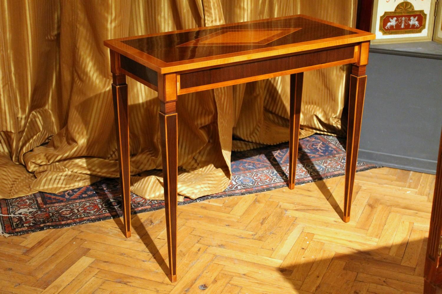 Italian Mahogany and Walnut Wood Narrow Louis XVI Style Console Tables 12