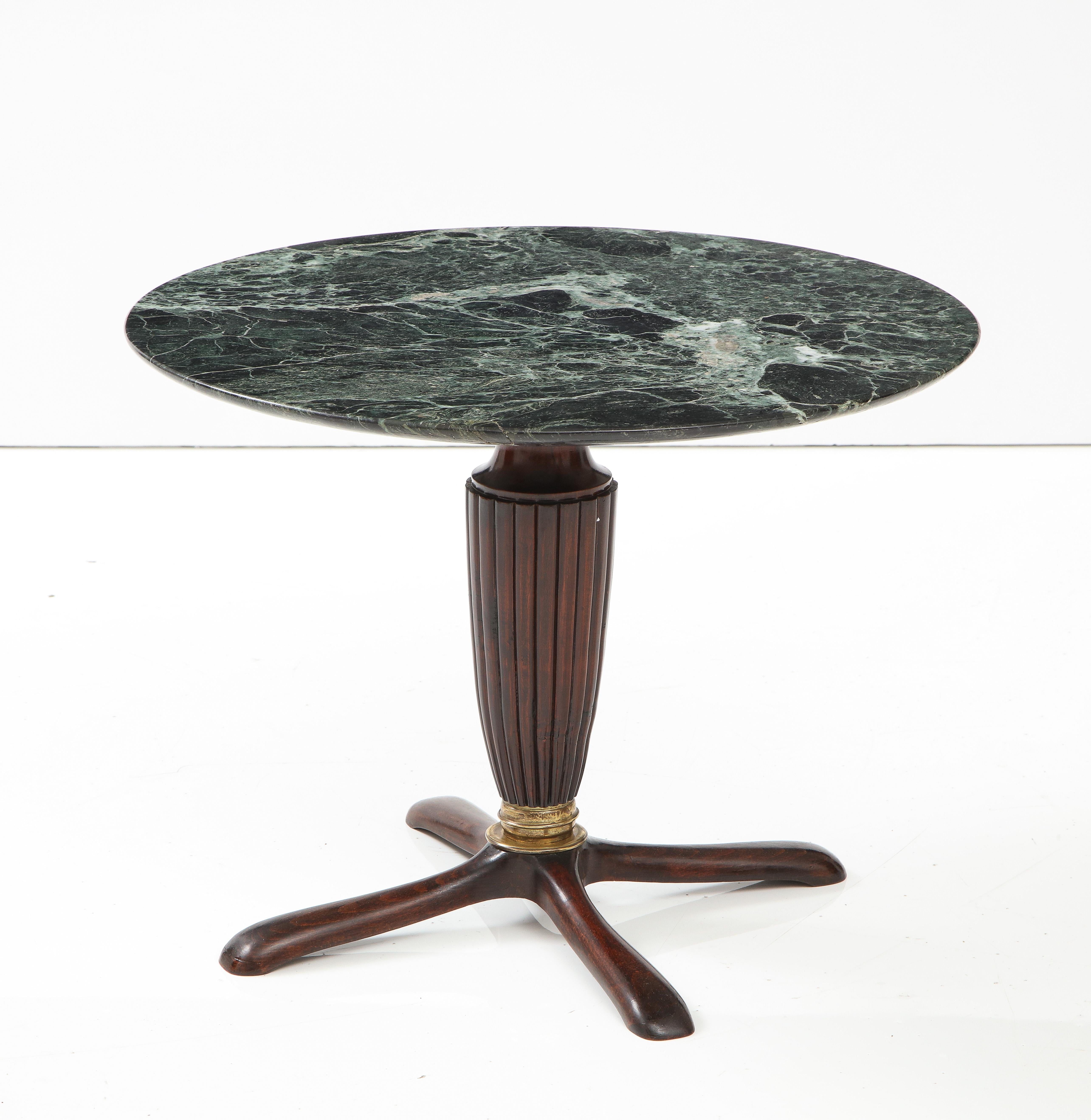 Mid-20th Century Italian Mahogany Circular Side Table with Verdi Alpi Marble Top, 1940's For Sale