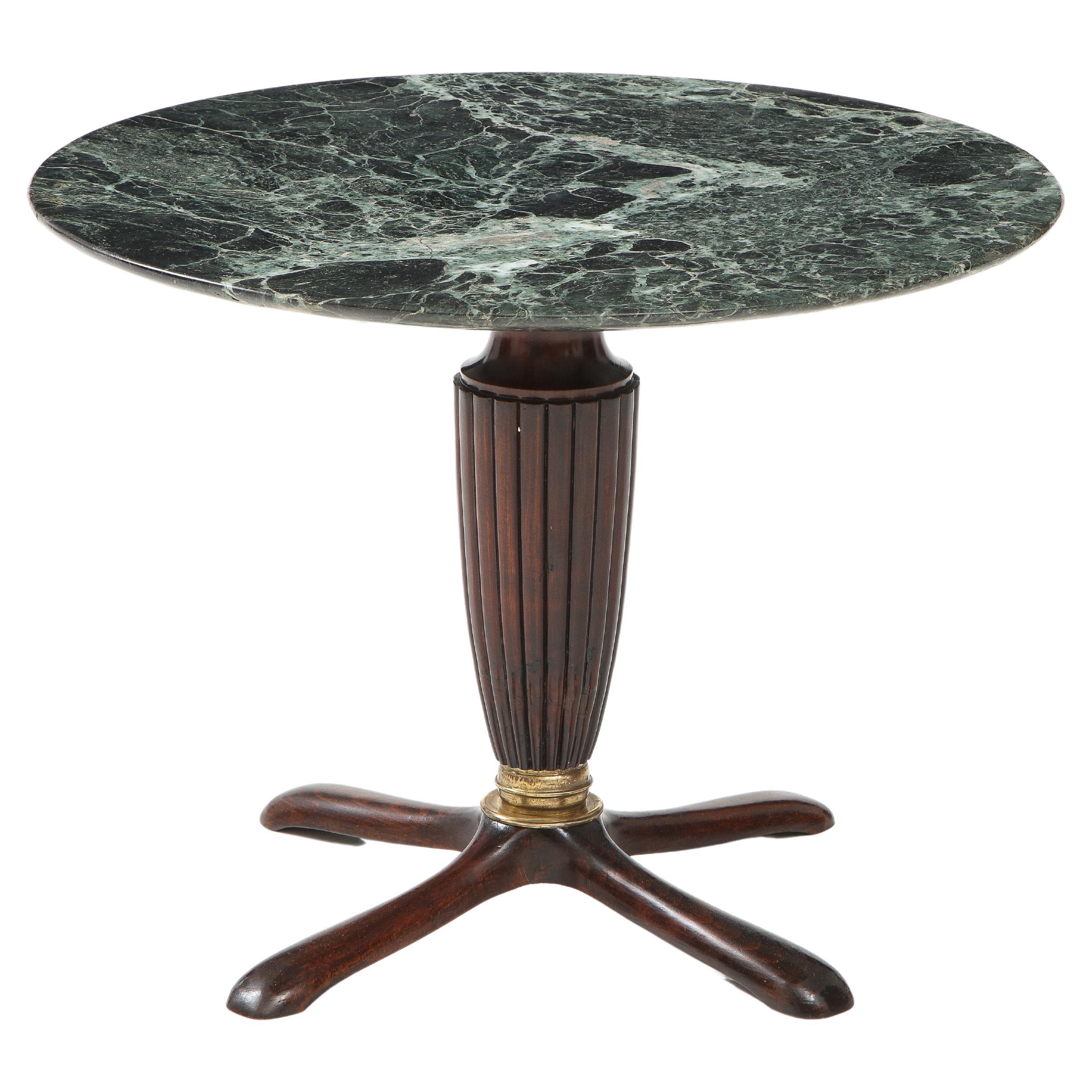 Italian Mahogany Circular Side Table with Verdi Alpi Marble Top, 1940's For Sale