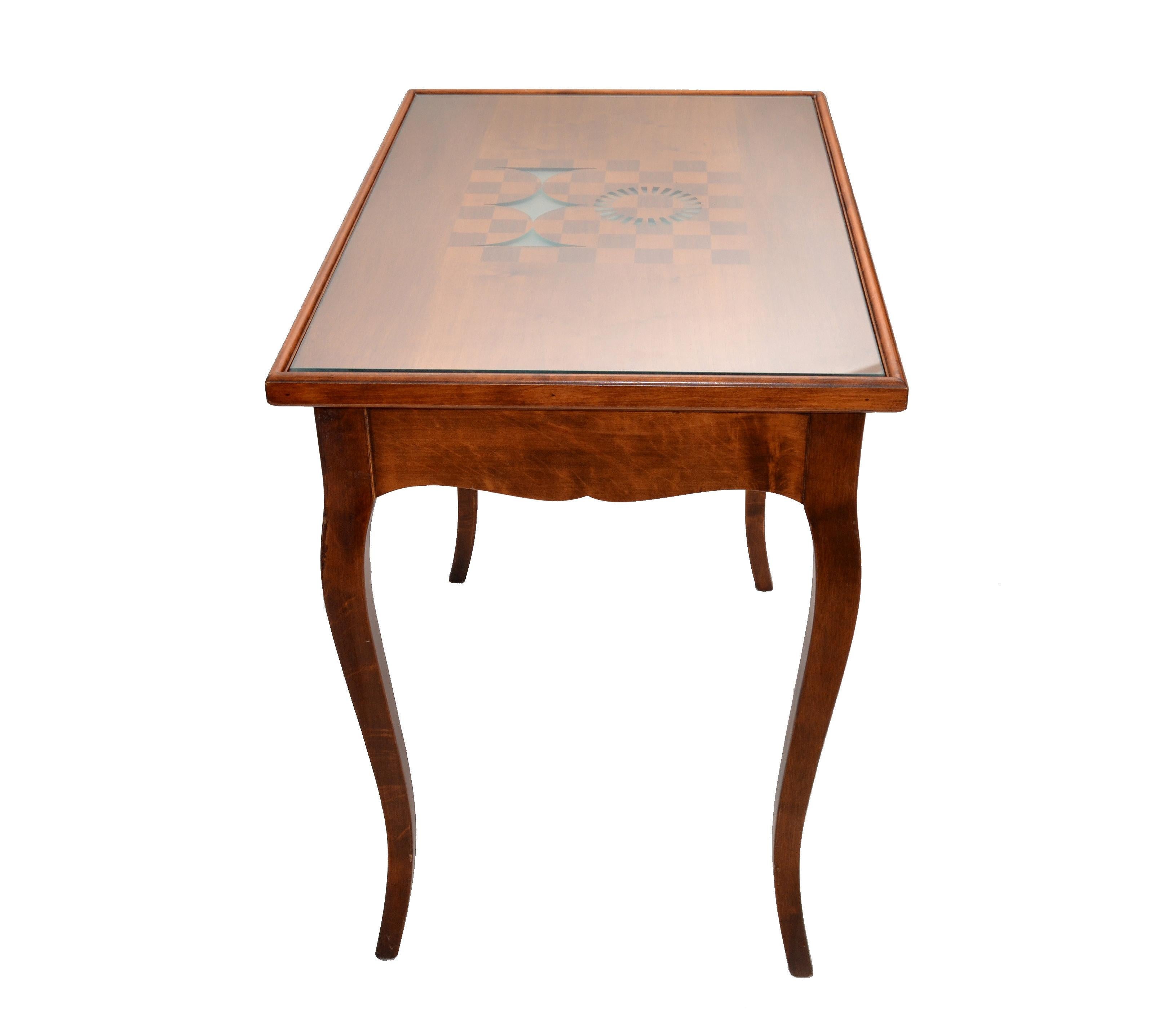 Mid-Century Modern Italian Mahogany Inlayed Wood Flip Top Game Table Etched Glass Cover Mid-Century