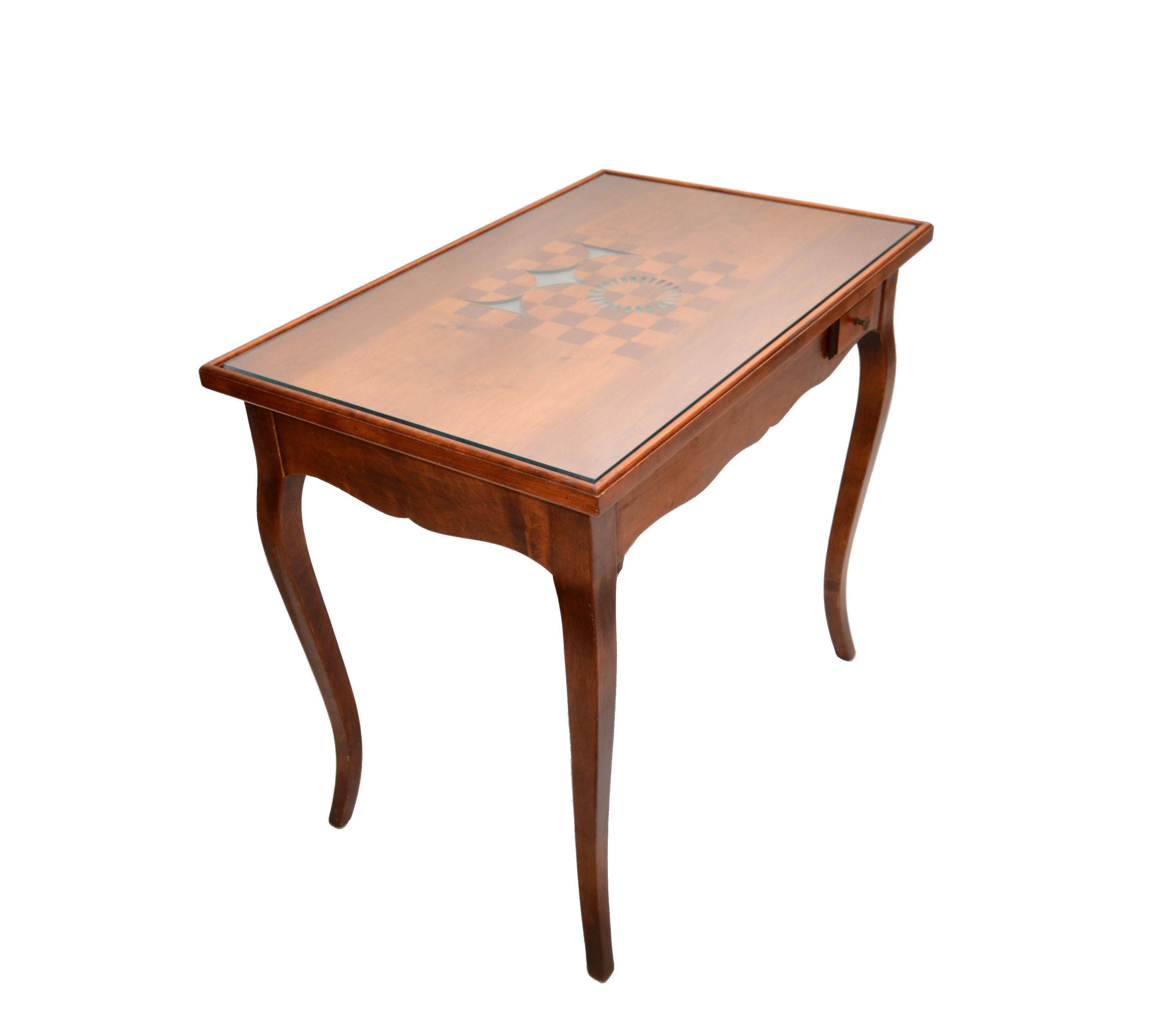 Italian Mahogany Inlayed Wood Flip Top Game Table Etched Glass Cover Mid-Century In Good Condition In Miami, FL
