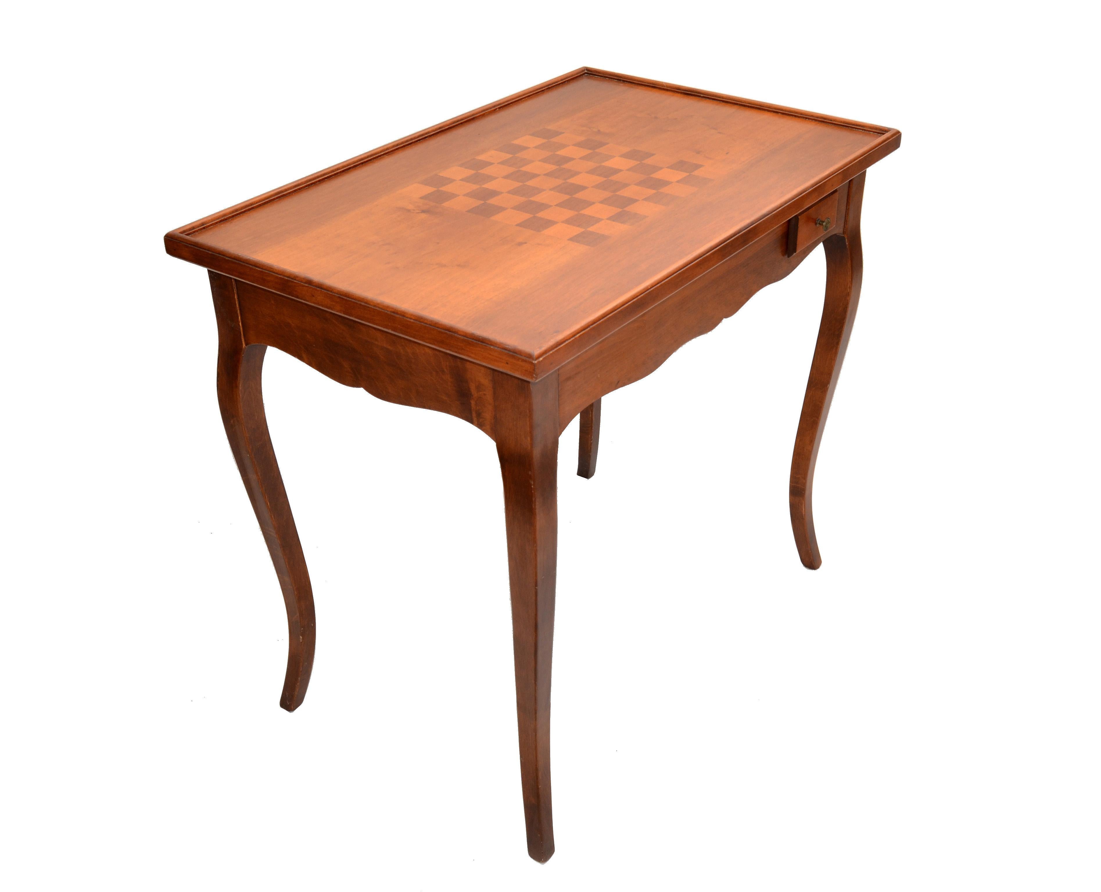 20th Century Italian Mahogany Inlayed Wood Flip Top Game Table Etched Glass Cover Mid-Century