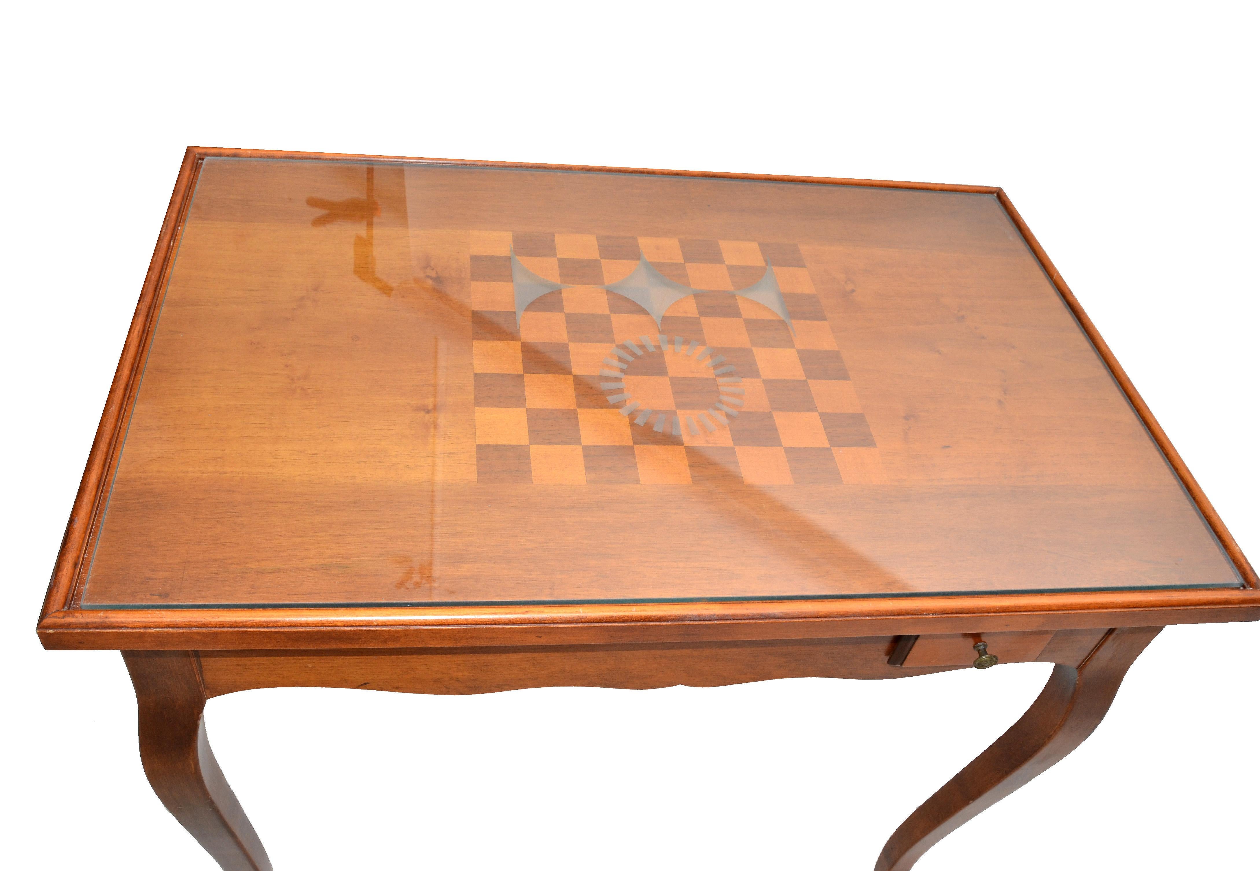 Italian Mahogany Inlayed Wood Flip Top Game Table Etched Glass Cover Mid-Century 4