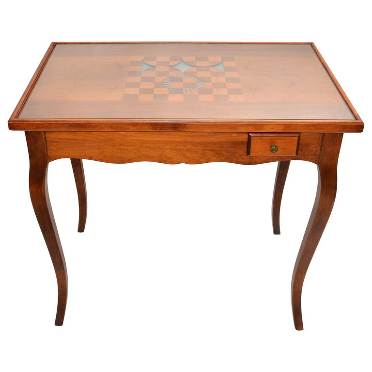 Italian Mahogany Inlayed Wood Flip Top Game Table Etched Glass Cover