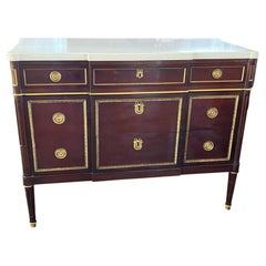 Italian Mahogany Louis XVI Chest Of Drawers With White Marble Top And Brass