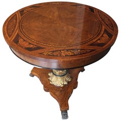 Italian Mahogany Marquetry Round Center Table on a Turned Pedestal, 20th Century
