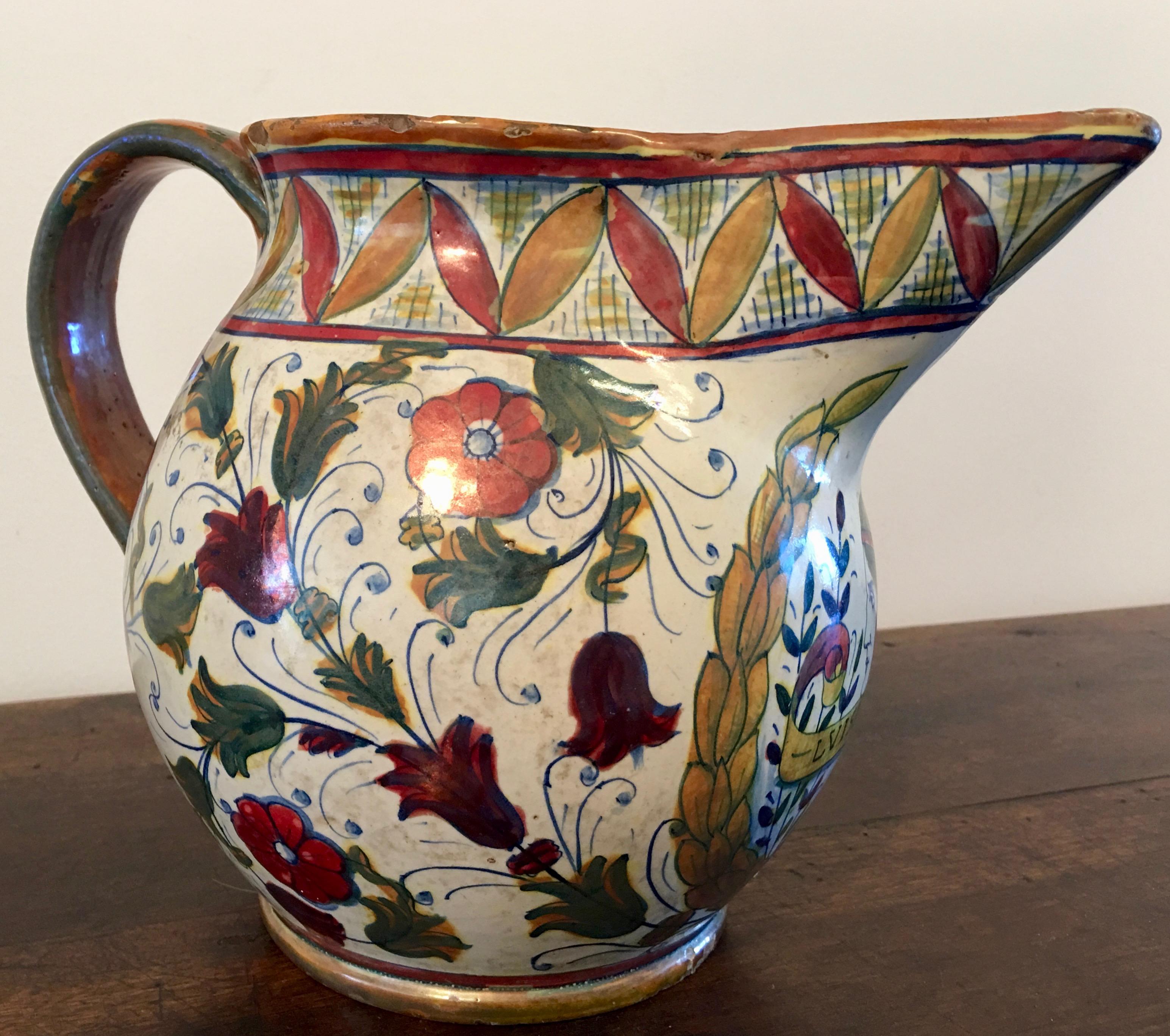 Jarra de agua roja lustrada de Maiolica italiana 
