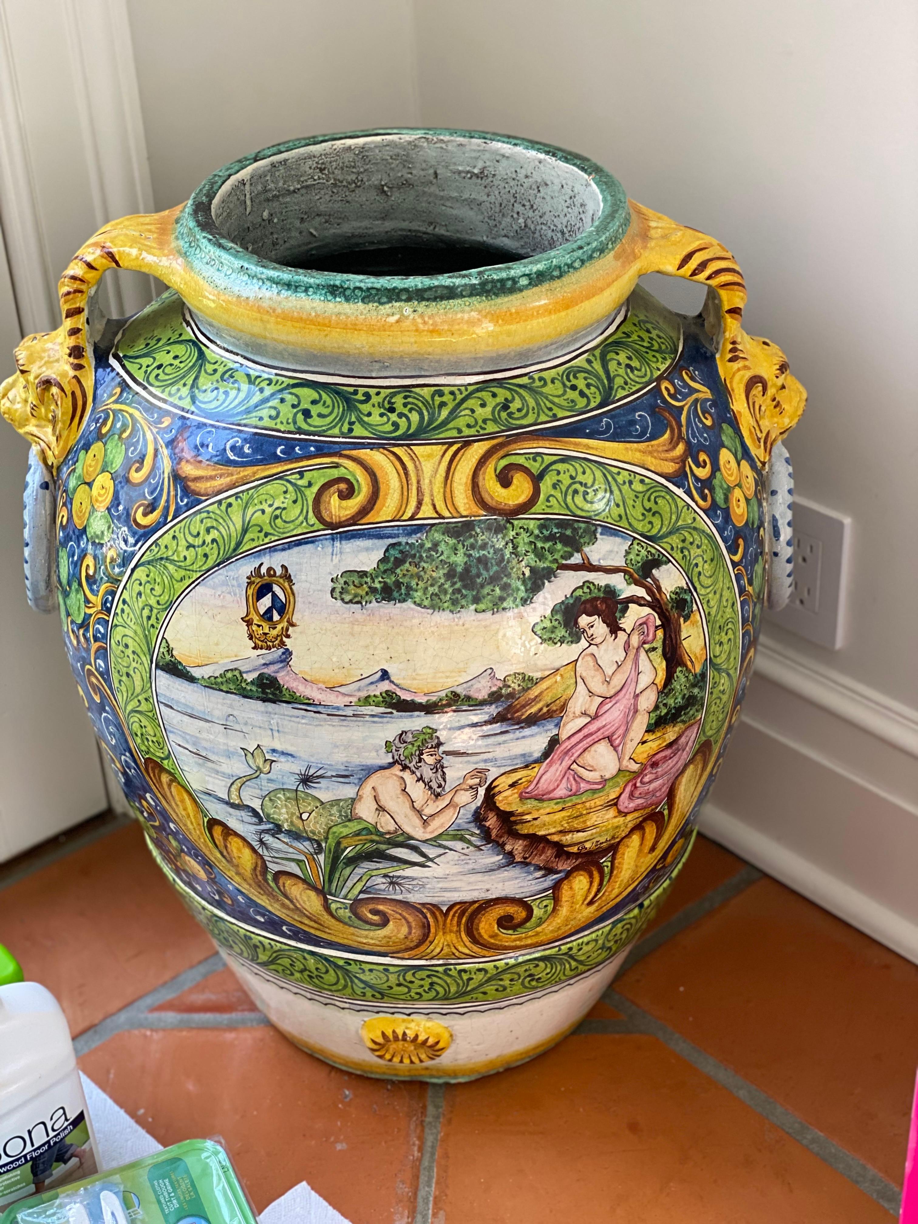 Ceramic Italian Maiolica Painted Large Pot For Sale