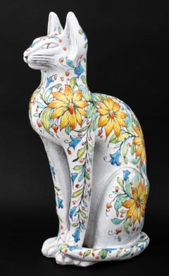 Italian Maiolica Seated Cat Sculpture