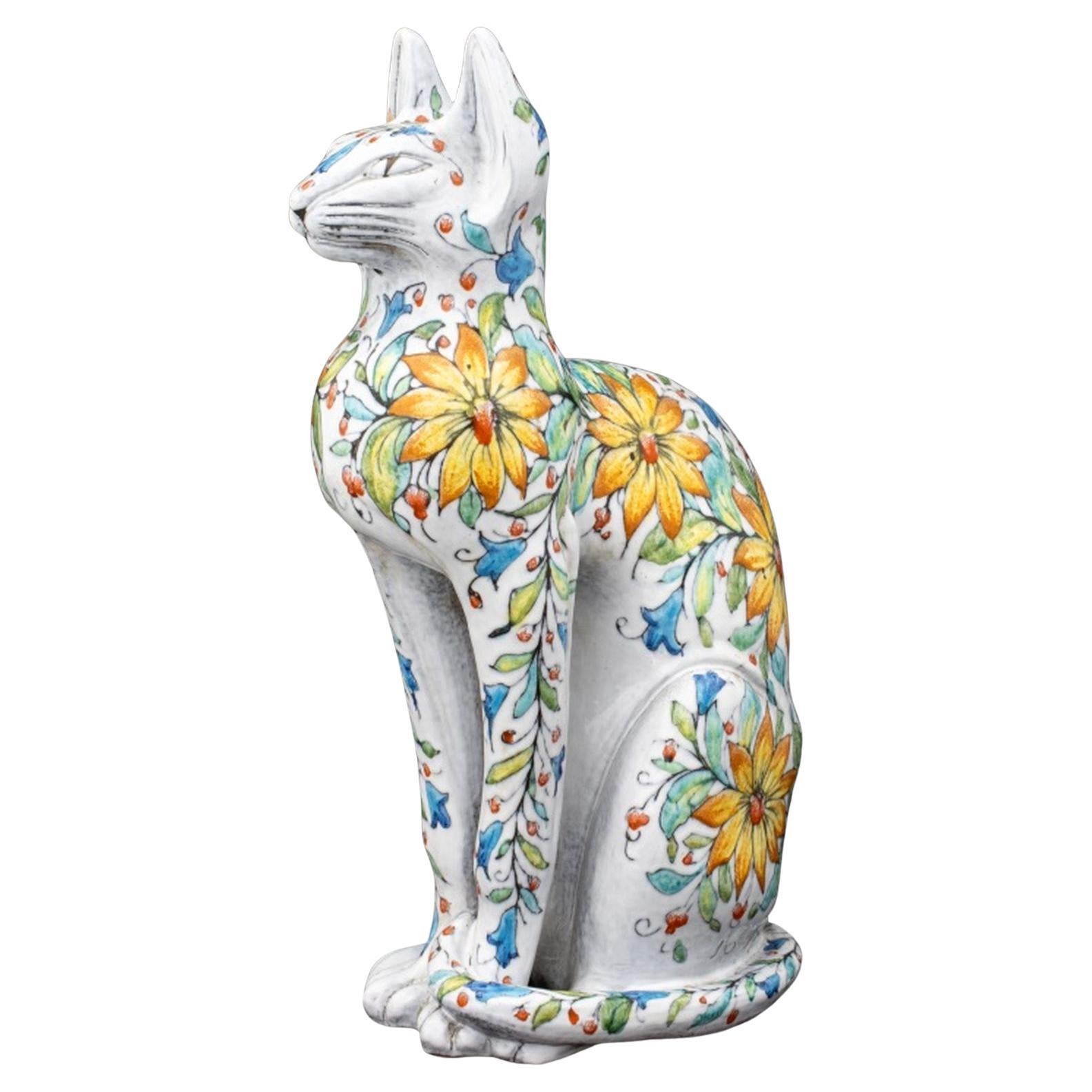 Italian Maiolica Seated Cat Sculpture For Sale