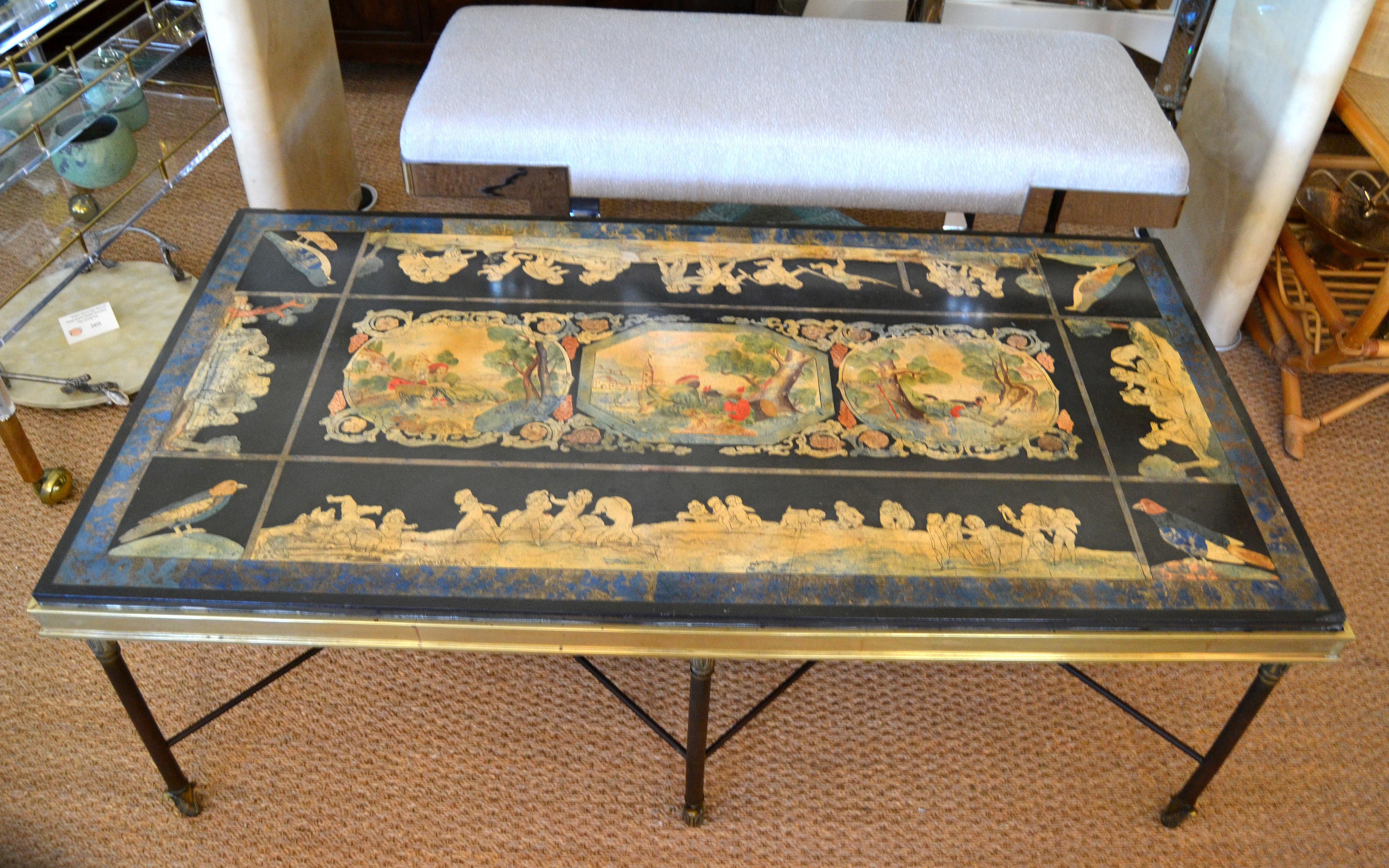 Italian Maison Jansen Hand Painted Slate Marble & Bronze Low Coffee Table, 1920s For Sale 12