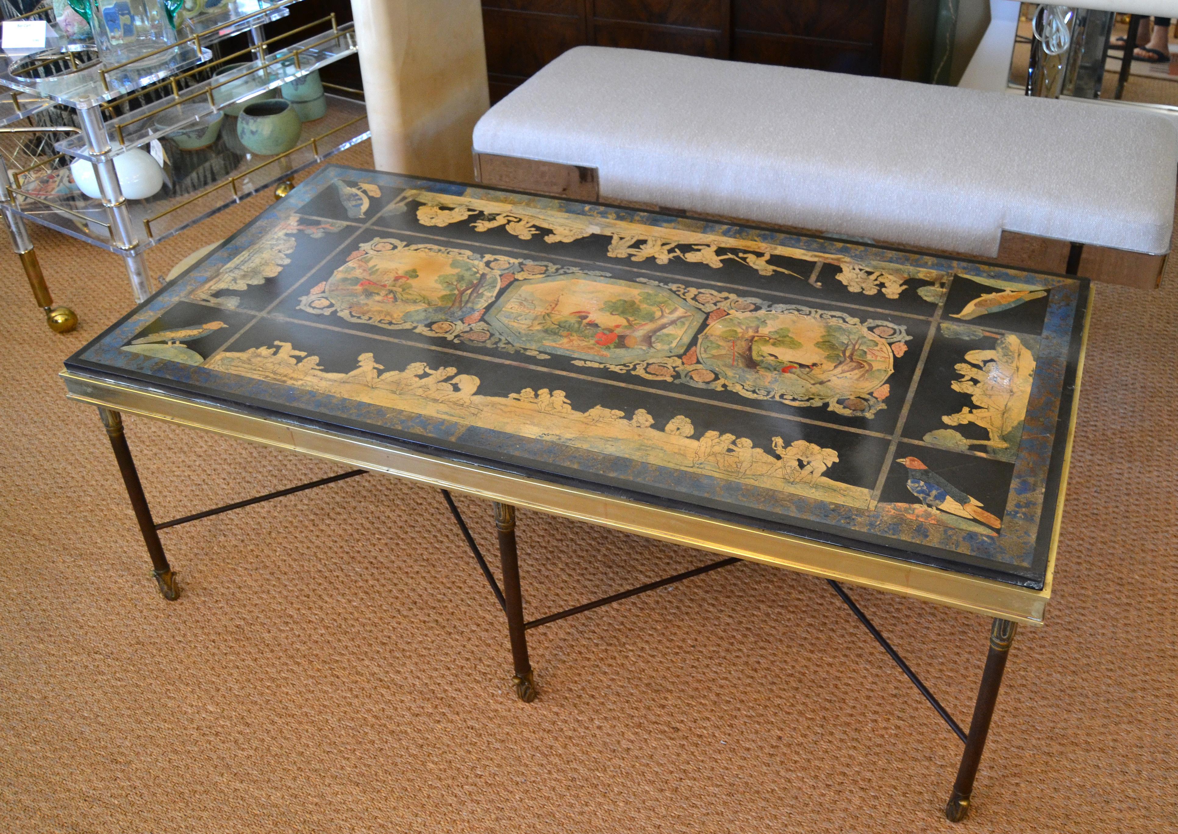 Art Deco Italian Maison Jansen Hand Painted Slate Marble & Bronze Low Coffee Table, 1920s For Sale