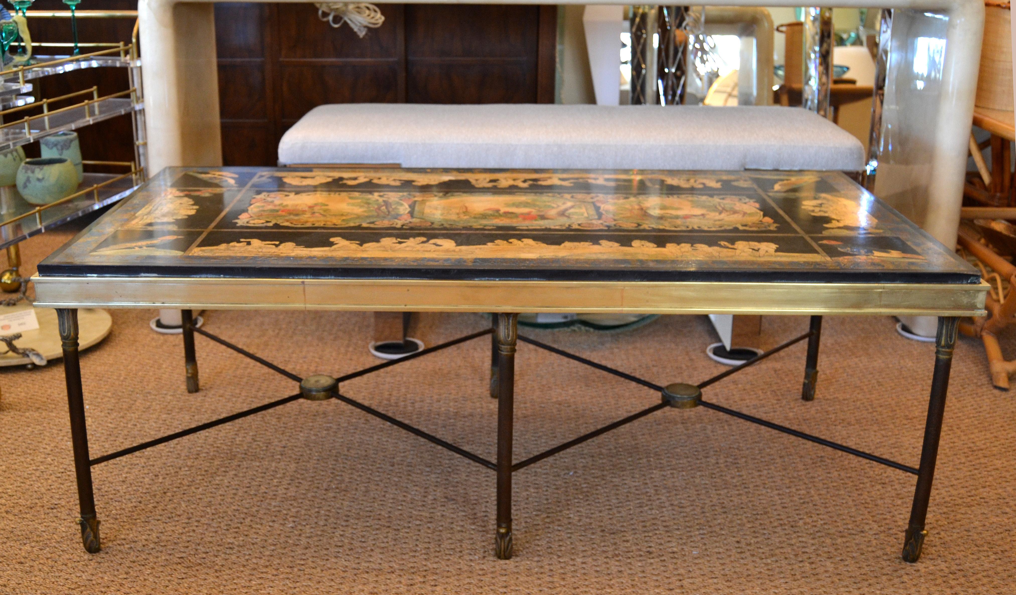 Hand-Painted Italian Maison Jansen Hand Painted Slate Marble & Bronze Low Coffee Table, 1920s For Sale