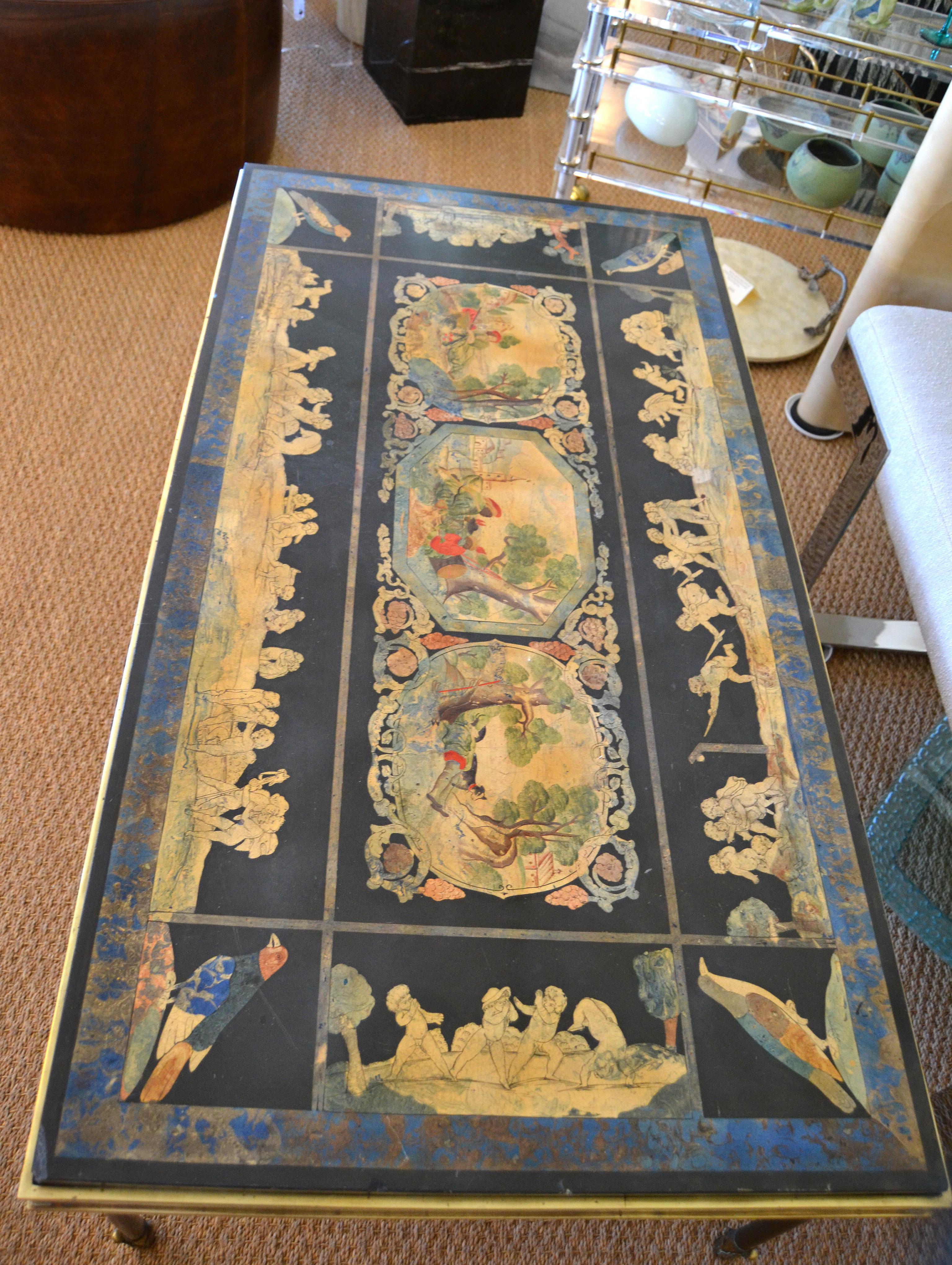Italian Maison Jansen Hand Painted Slate Marble & Bronze Low Coffee Table, 1920s In Good Condition For Sale In Miami, FL