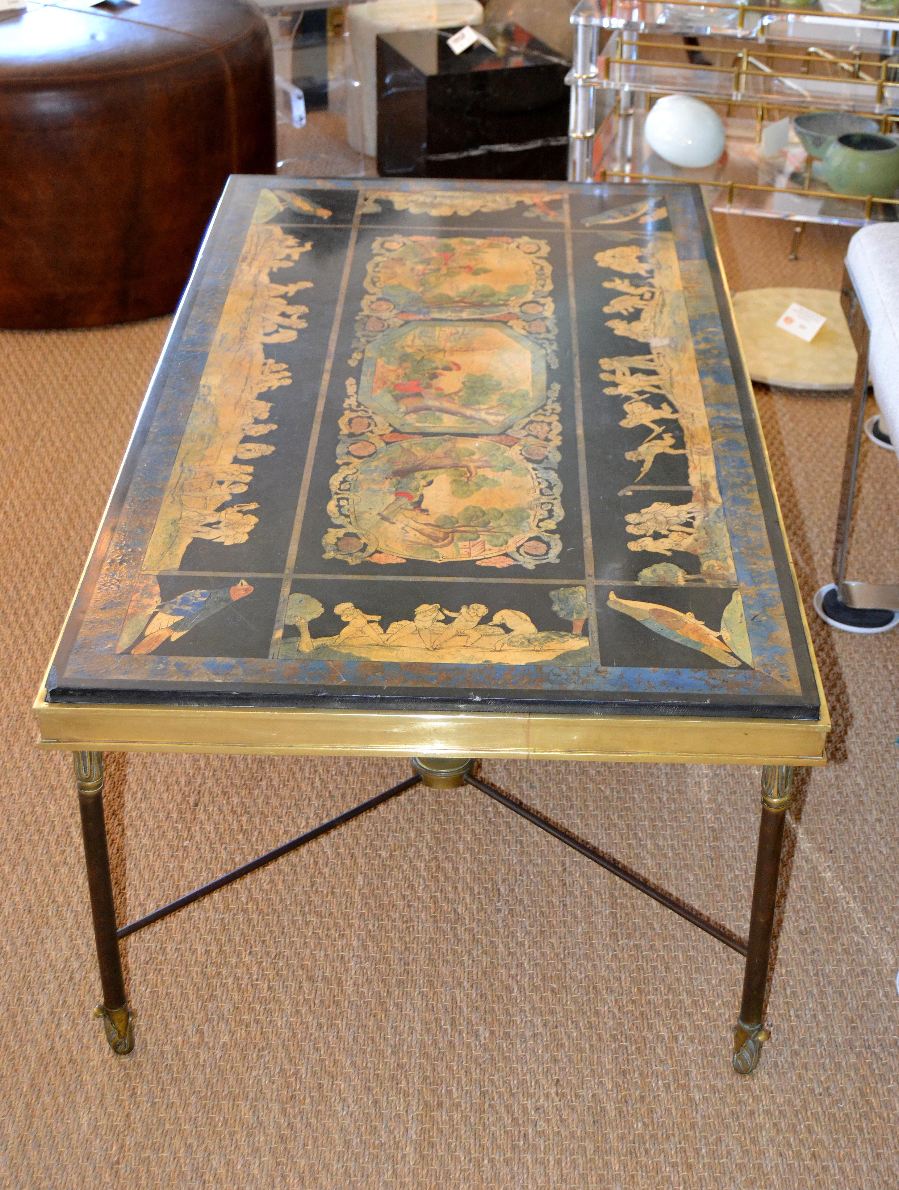 Early 20th Century Italian Maison Jansen Hand Painted Slate Marble & Bronze Low Coffee Table, 1920s For Sale
