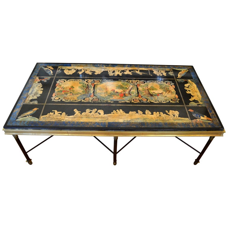 Italian Maison Jansen Hand Painted Slate Marble & Bronze Low Coffee Table, 1920s For Sale
