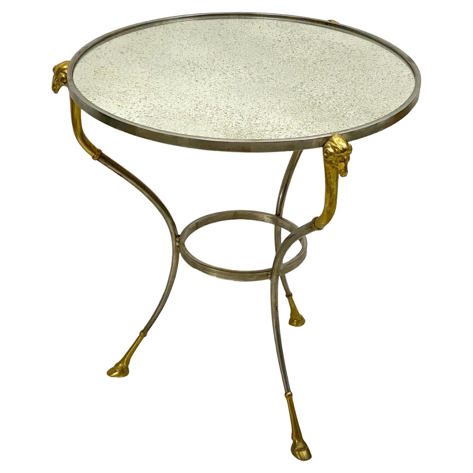 Italian Maison Jansen Inspired Steel & Brass Mirrored Gueridon / Side Table  For Sale