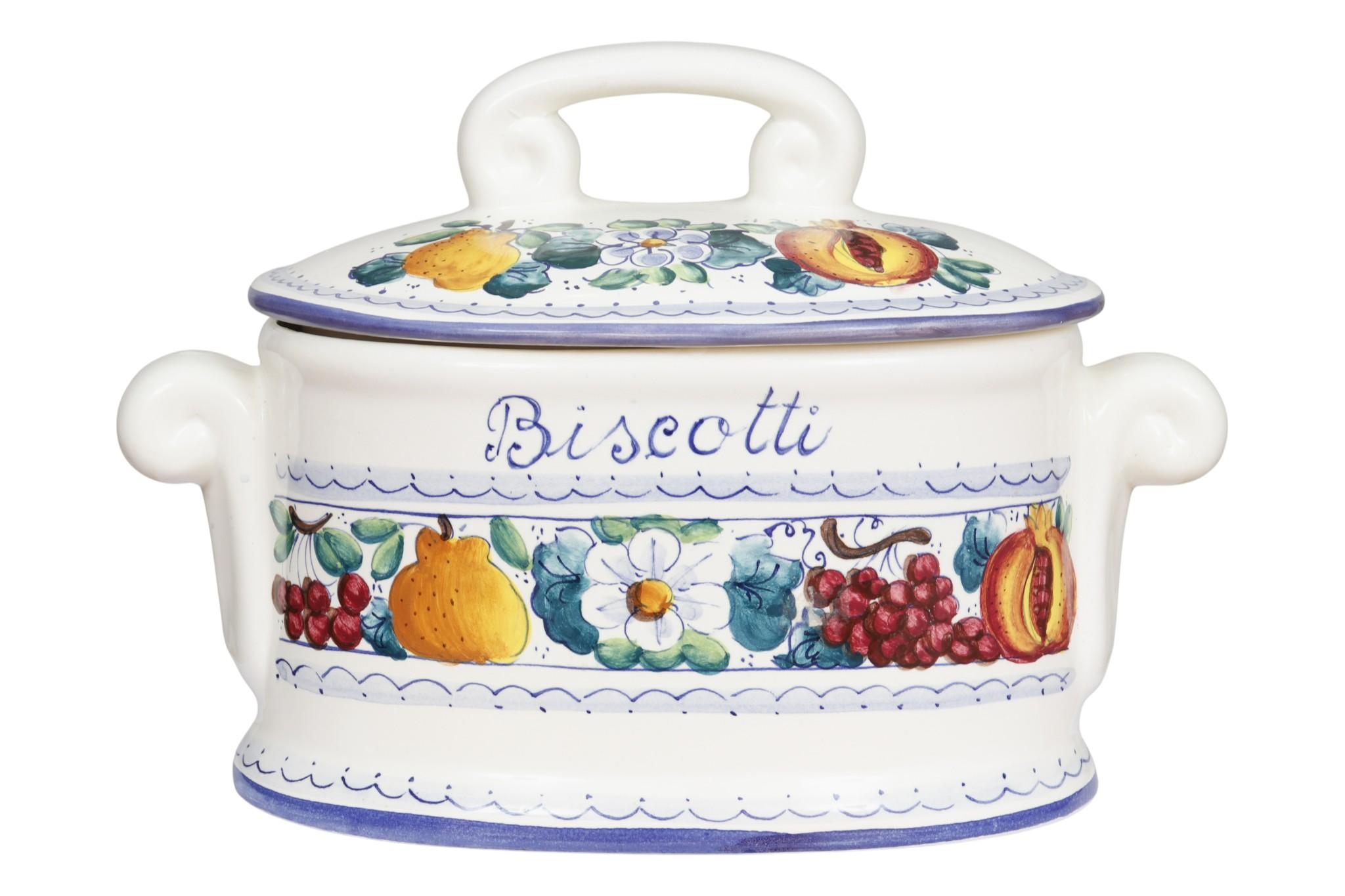 A set of two hand painted Italian majolica jars made by master ceramicist Aldo Fumanti for Fiori, for their Frutta Mista Collection. Biscotti jar measures 12.75