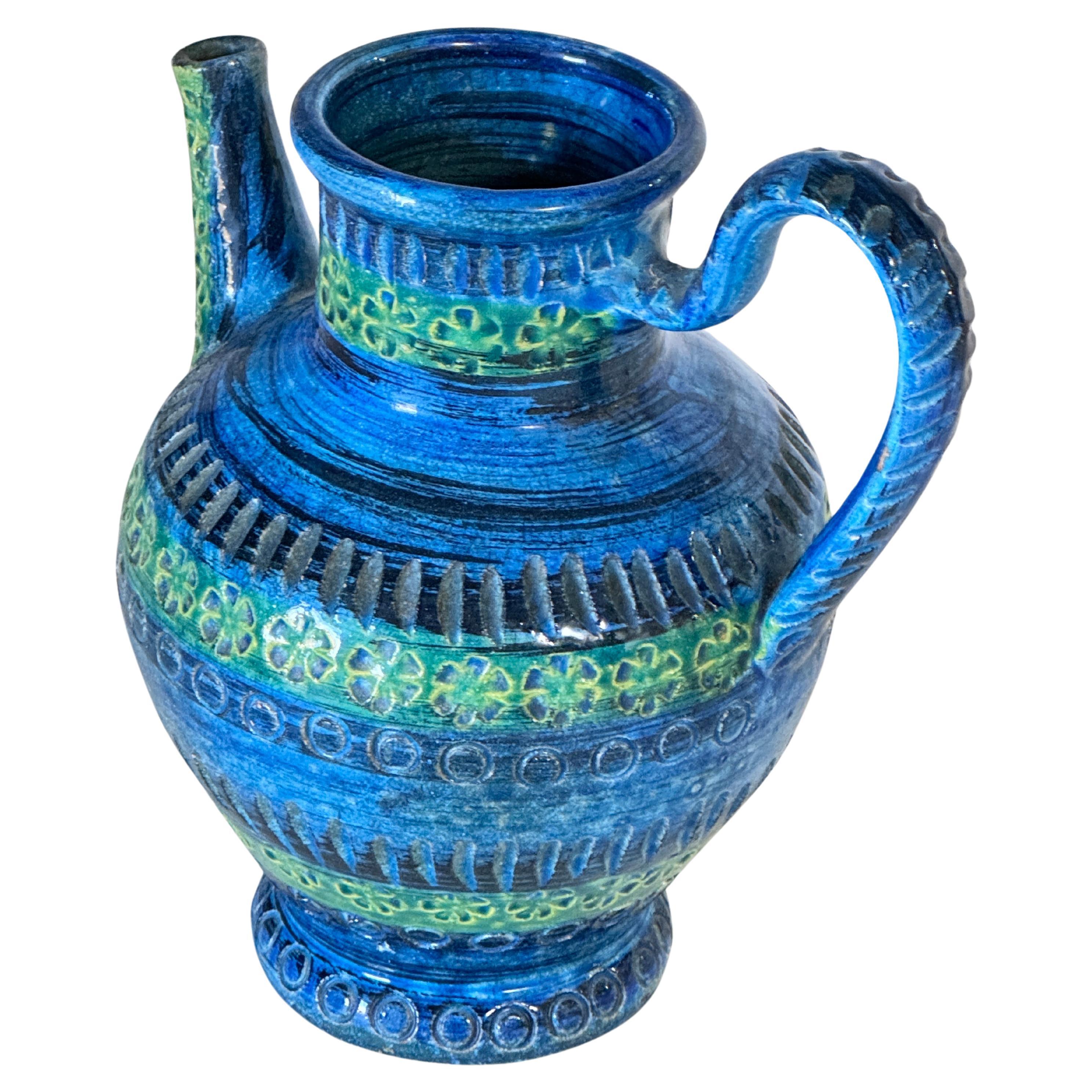 Italian Majolica Ceramic Jug Goemetrical decor Pattern Blue and Green Circa 1960 For Sale