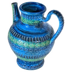 Italian Majolica Ceramic Jug Goemetrical decor Pattern Blue and Green Circa 1960