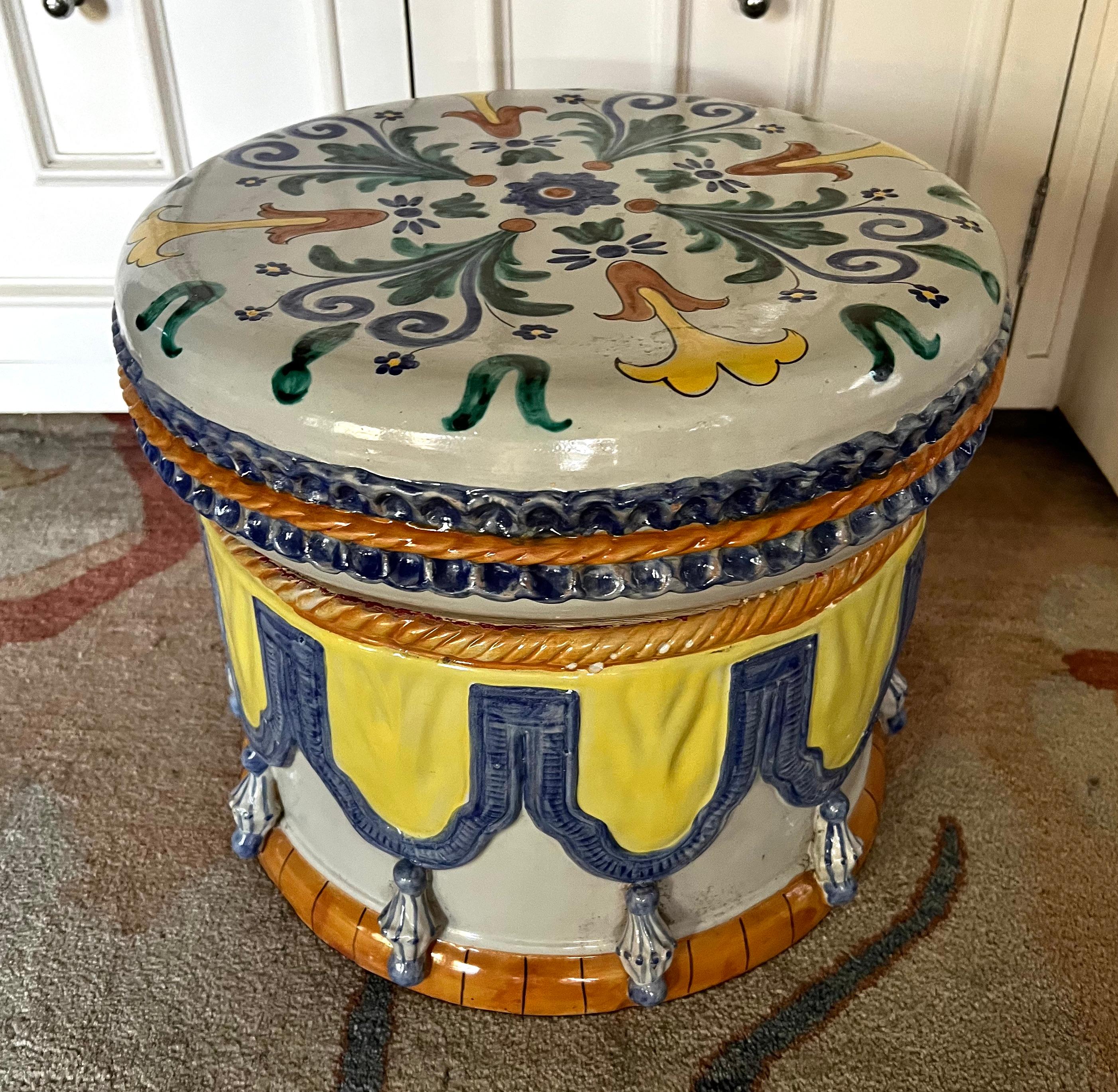 Hand-Crafted Italian Majolica Ceramic Terracotta Hand Painted Hollywood Regency Stool For Sale