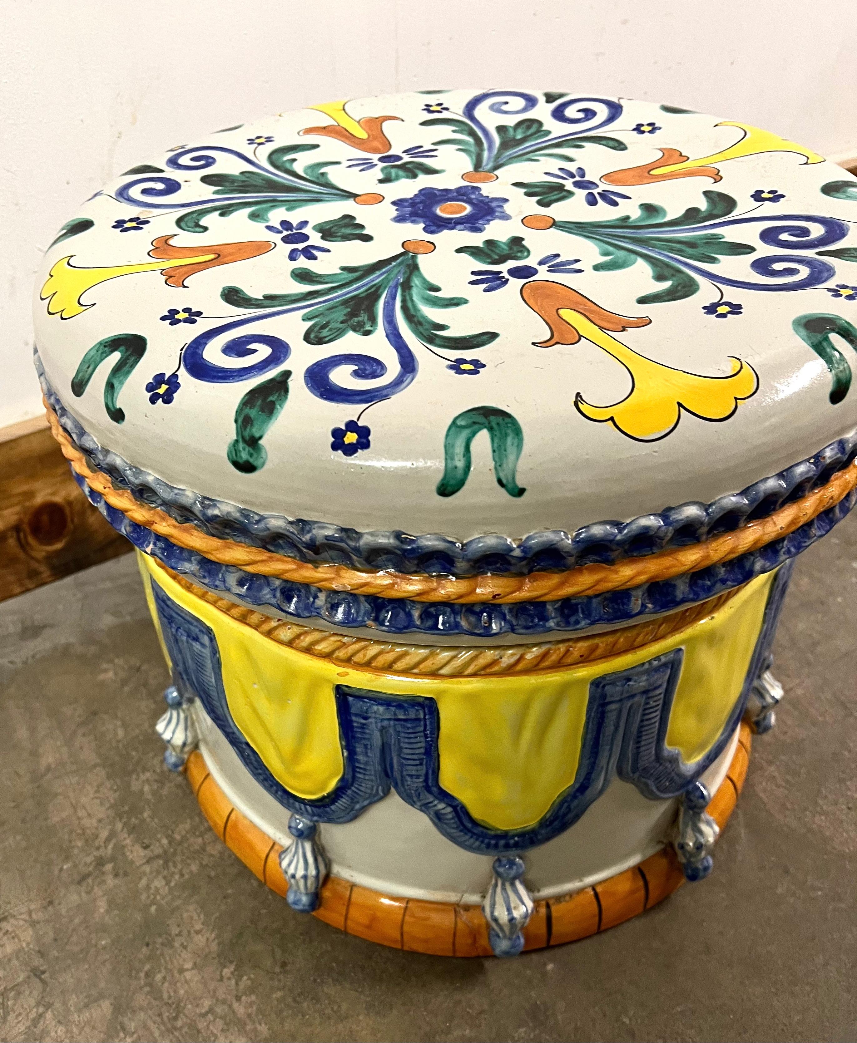 Italian Majolica Ceramic Terracotta Hand Painted Hollywood Regency Stool For Sale 1