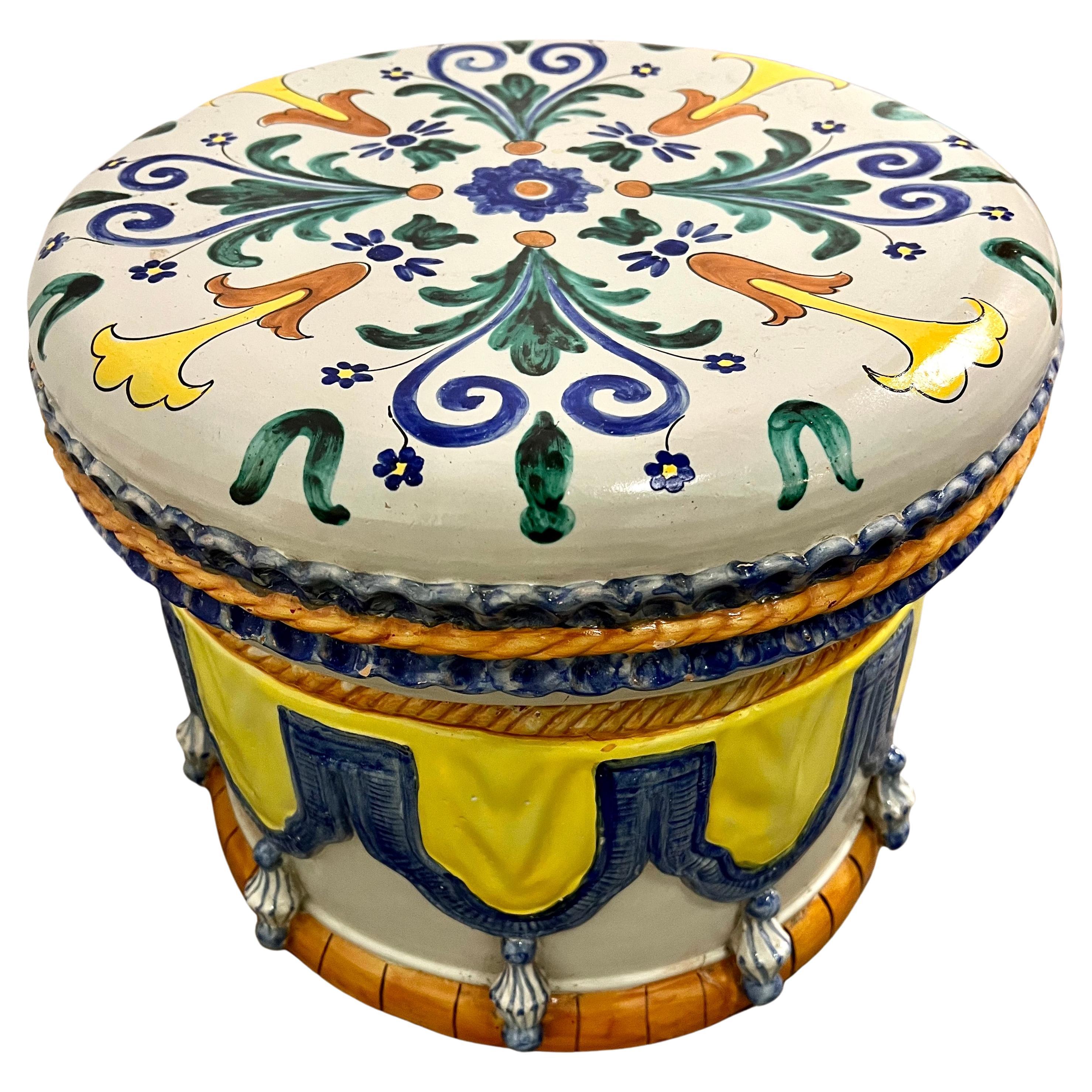 Italian Majolica Ceramic Terracotta Hand Painted Hollywood Regency Stool