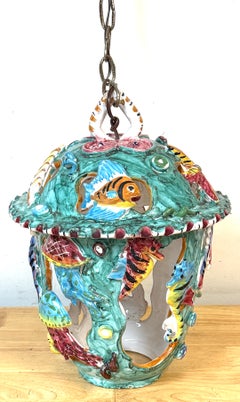 Italian Majolica Coral Reef Sea Life Lantern, Italy, Circa 1950s