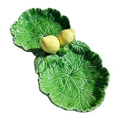 Italian Majolica Divided Cabbage Ware Lemon Dish in Green and Yellow - Italy