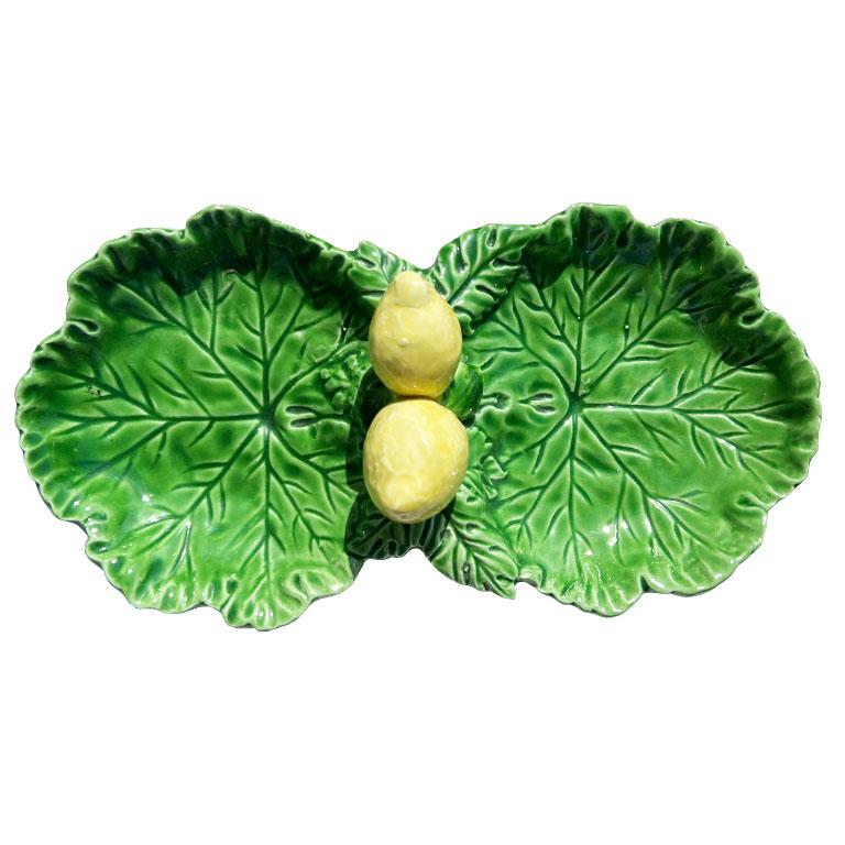 Hollywood Regency Italian Majolica Divided Cabbage Ware Lemon Dish in Green and Yellow - Italy For Sale