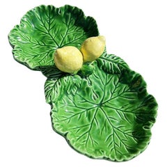 Italian Majolica Divided Cabbage Ware Lemon Dish in Green and Yellow - Italy