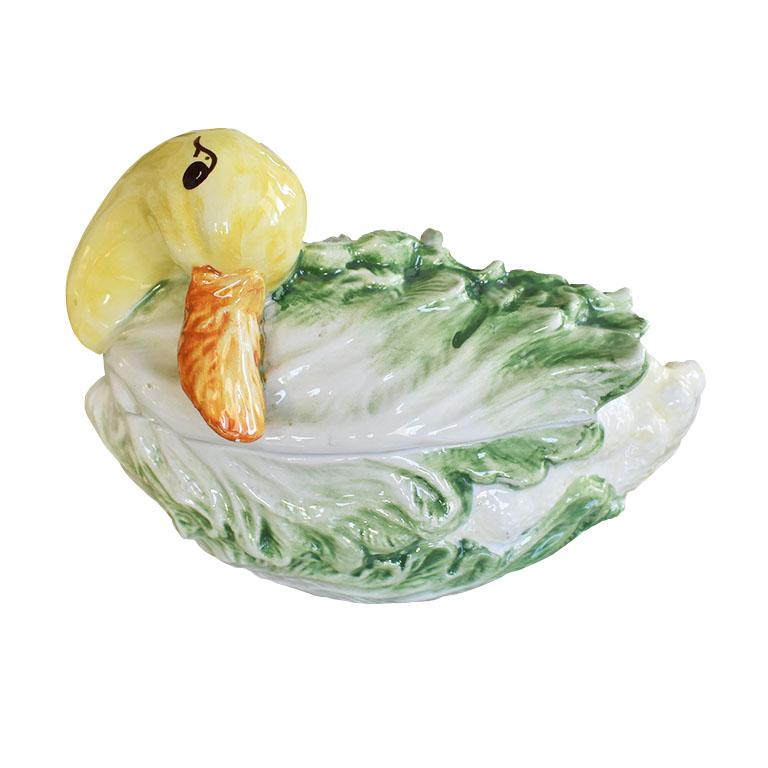 Mid-Century Modern Italian Majolica Duck or Goose Cabbage and Cauliflower Tureen with Lid and Ladle For Sale