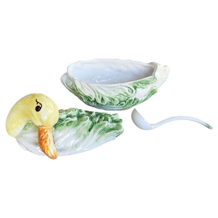 Italian Majolica Duck or Goose Cabbage and Cauliflower Tureen with Lid and Ladle For Sale