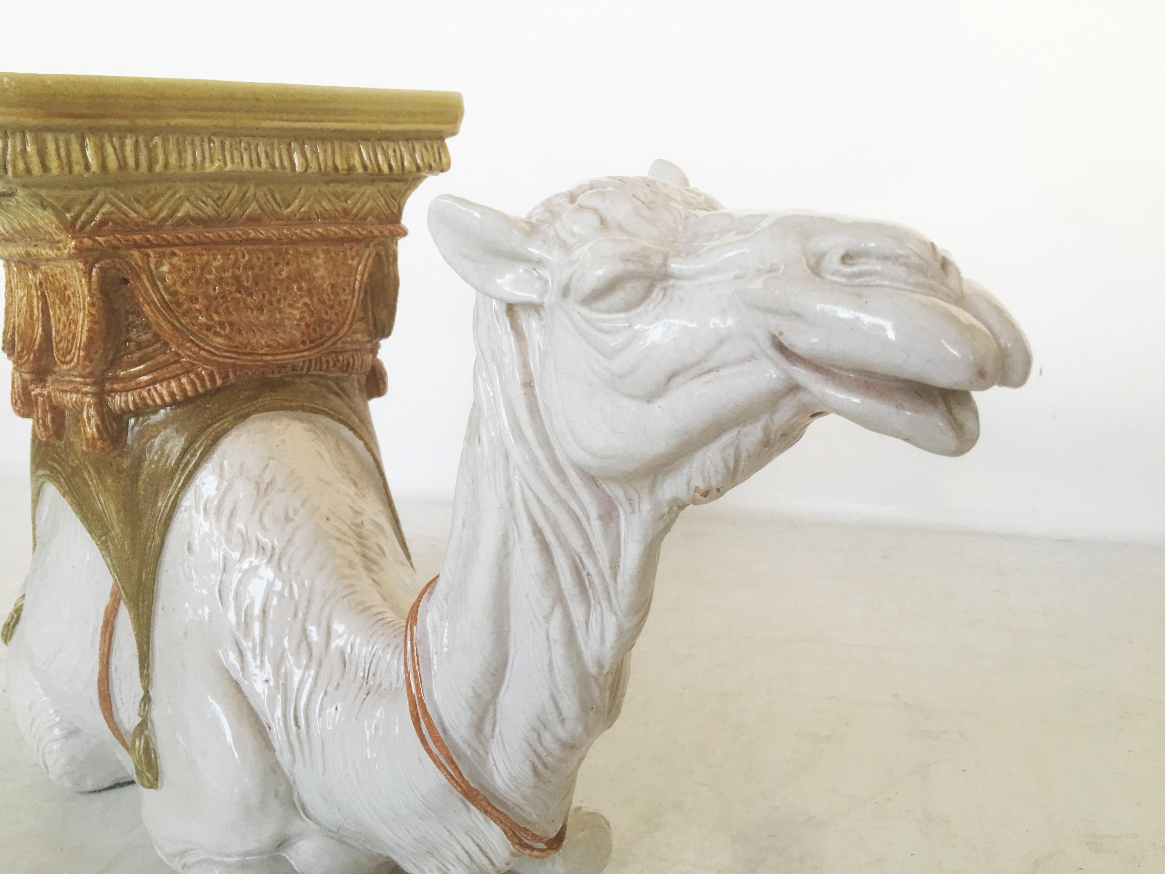 Glazed Italian Majolica Kneeling Camel Garden Seat or Drinks Table