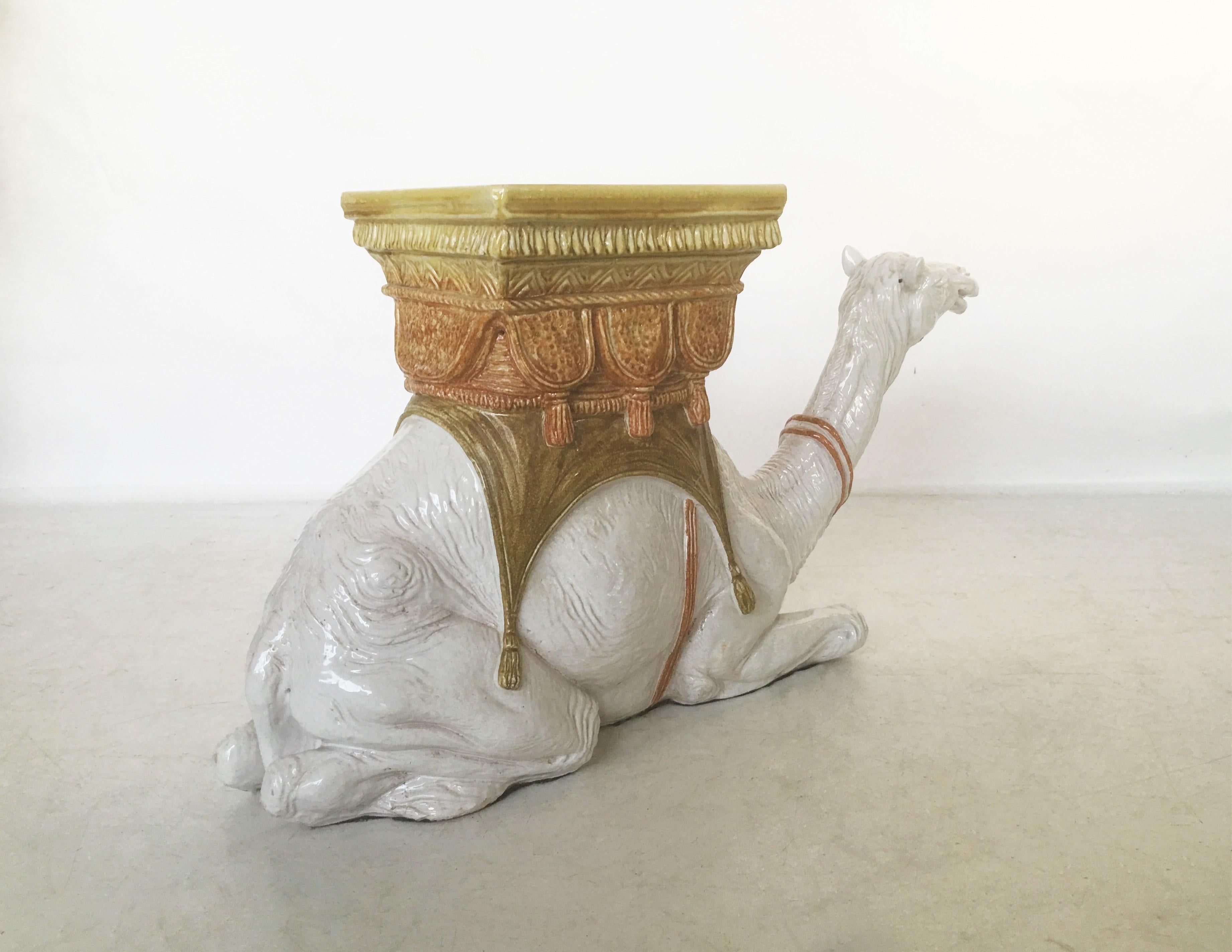 Mid-20th Century Italian Majolica Kneeling Camel Garden Seat or Drinks Table