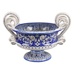 Italian Majolica Krater Centerpiece Hand Painted Deruta Blue Ceramic Vase Italy