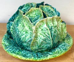 Italian Majolica Lettuce & Cabbage Form Covered Tureen with Platter, C. 1960s