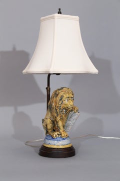 Italian Majolica Lion Holding Tablet Converted to a Lamp