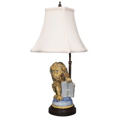 Italian Majolica Lion Holding Tablet Converted to a Lamp
