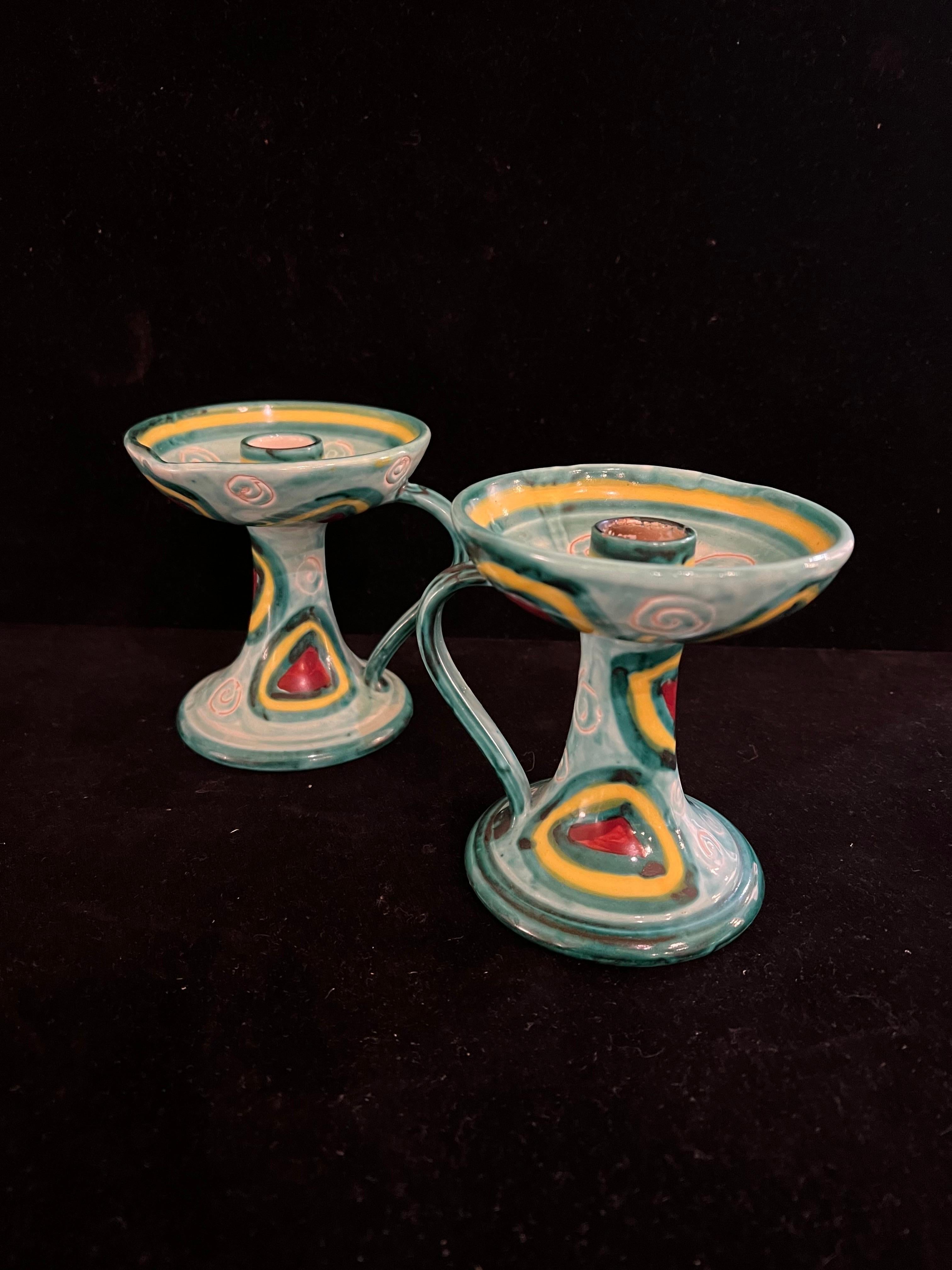 Mid-Century Modern Italian Majolica Mid Century Pair of Ceramic Candle Holders For Sale