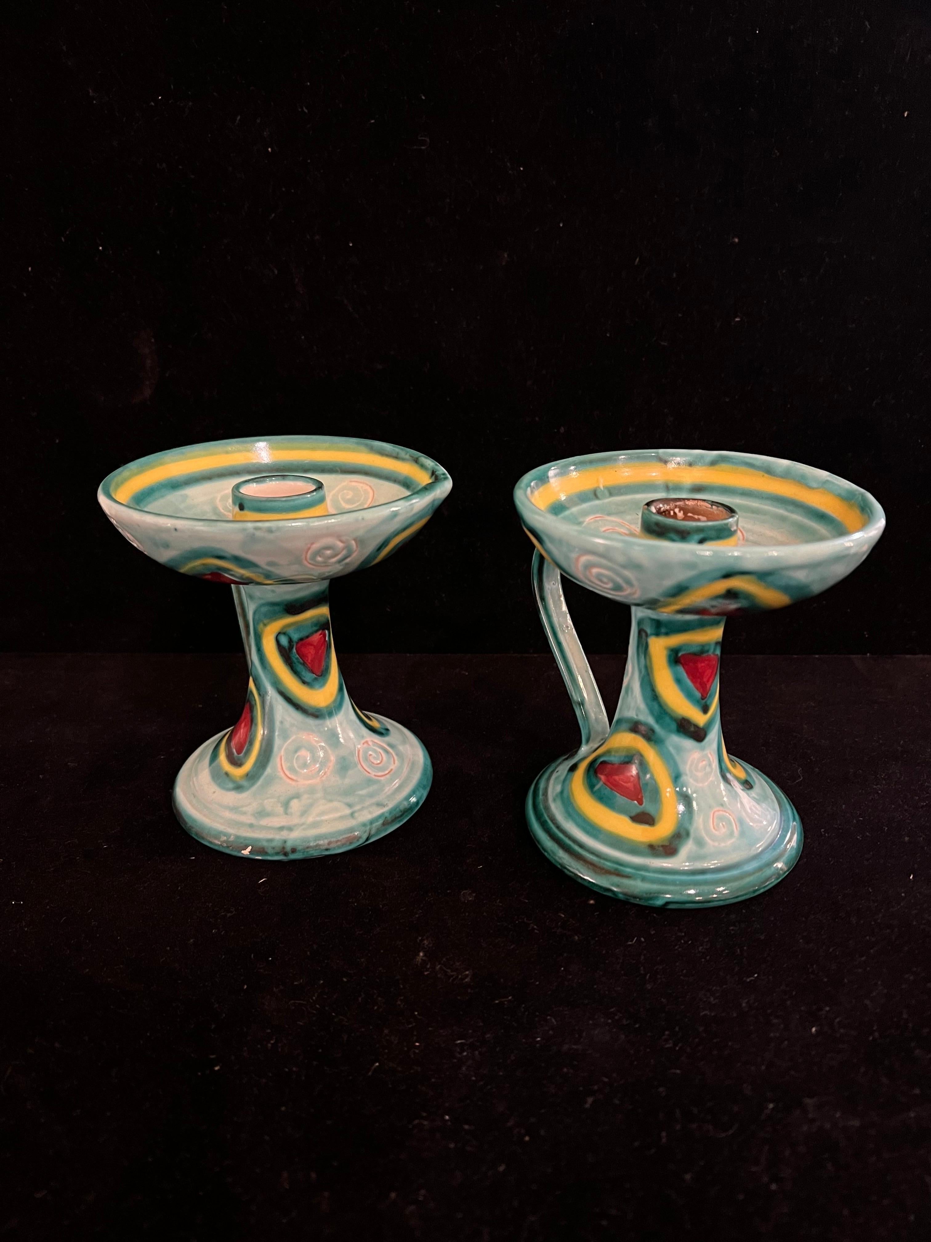 Italian Majolica Mid Century Pair of Ceramic Candle Holders In Excellent Condition For Sale In San Diego, CA