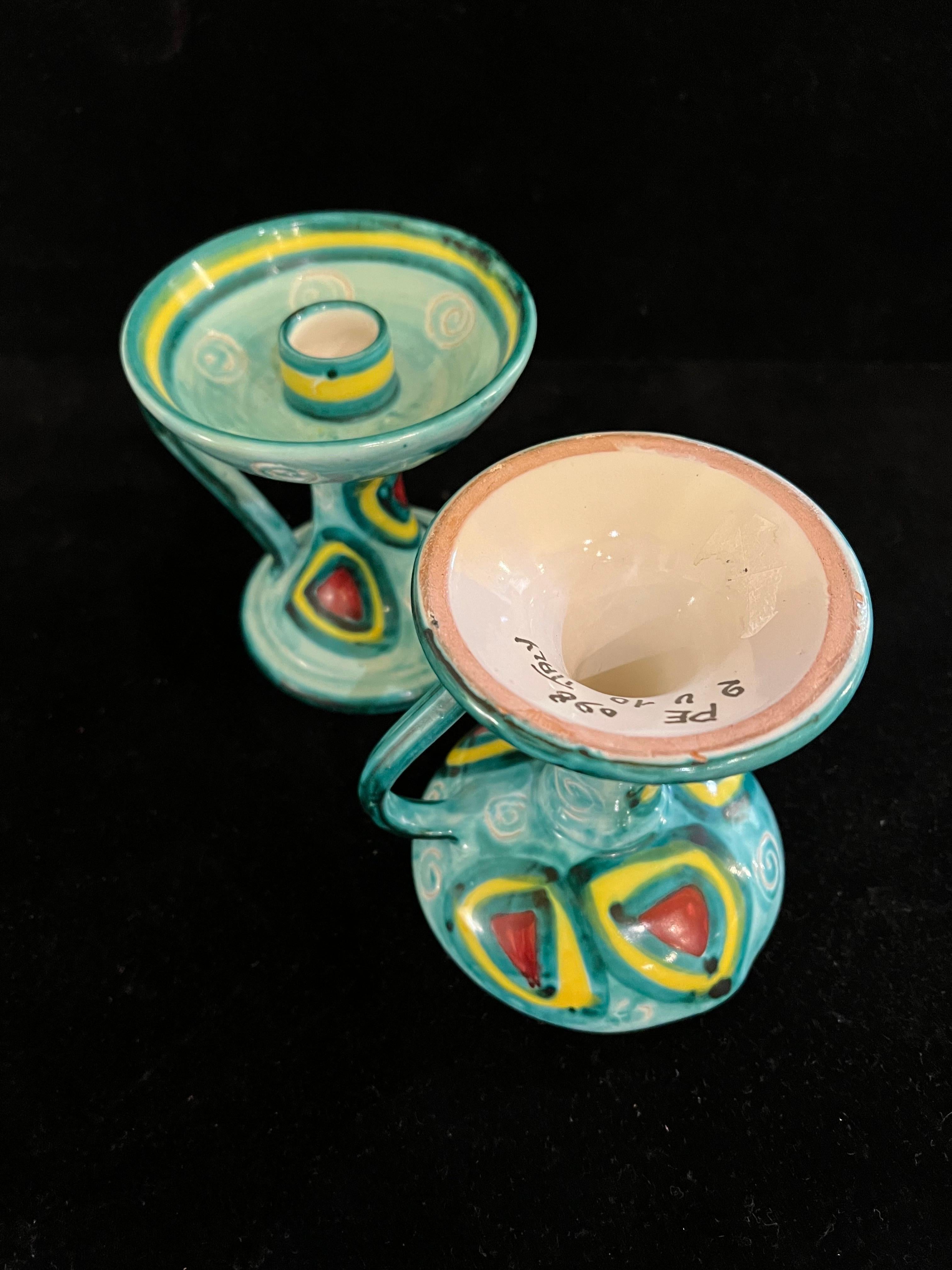 20th Century Italian Majolica Mid Century Pair of Ceramic Candle Holders For Sale