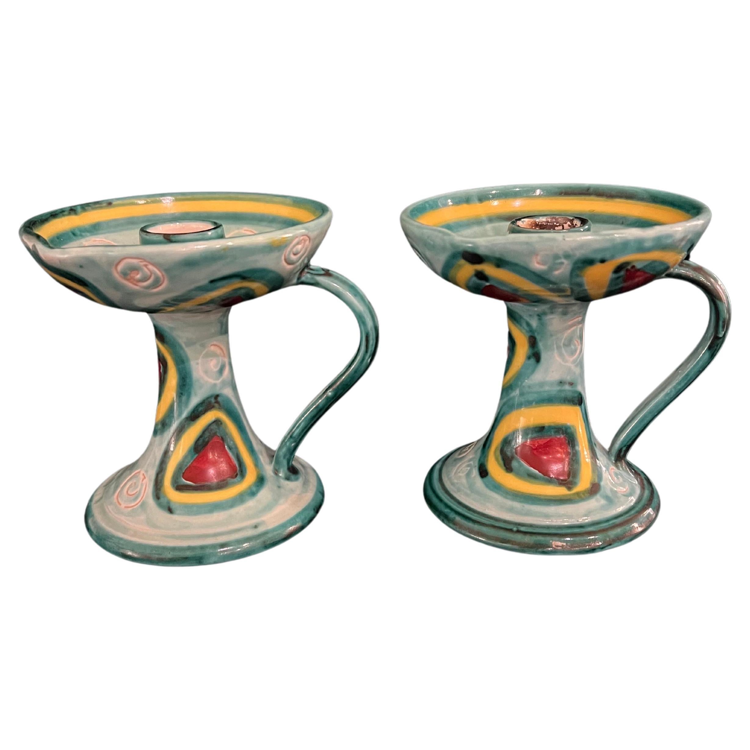 Italian Majolica Mid Century Pair of Ceramic Candle Holders For Sale