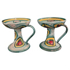 Vintage Italian Majolica Mid Century Pair of Ceramic Candle Holders
