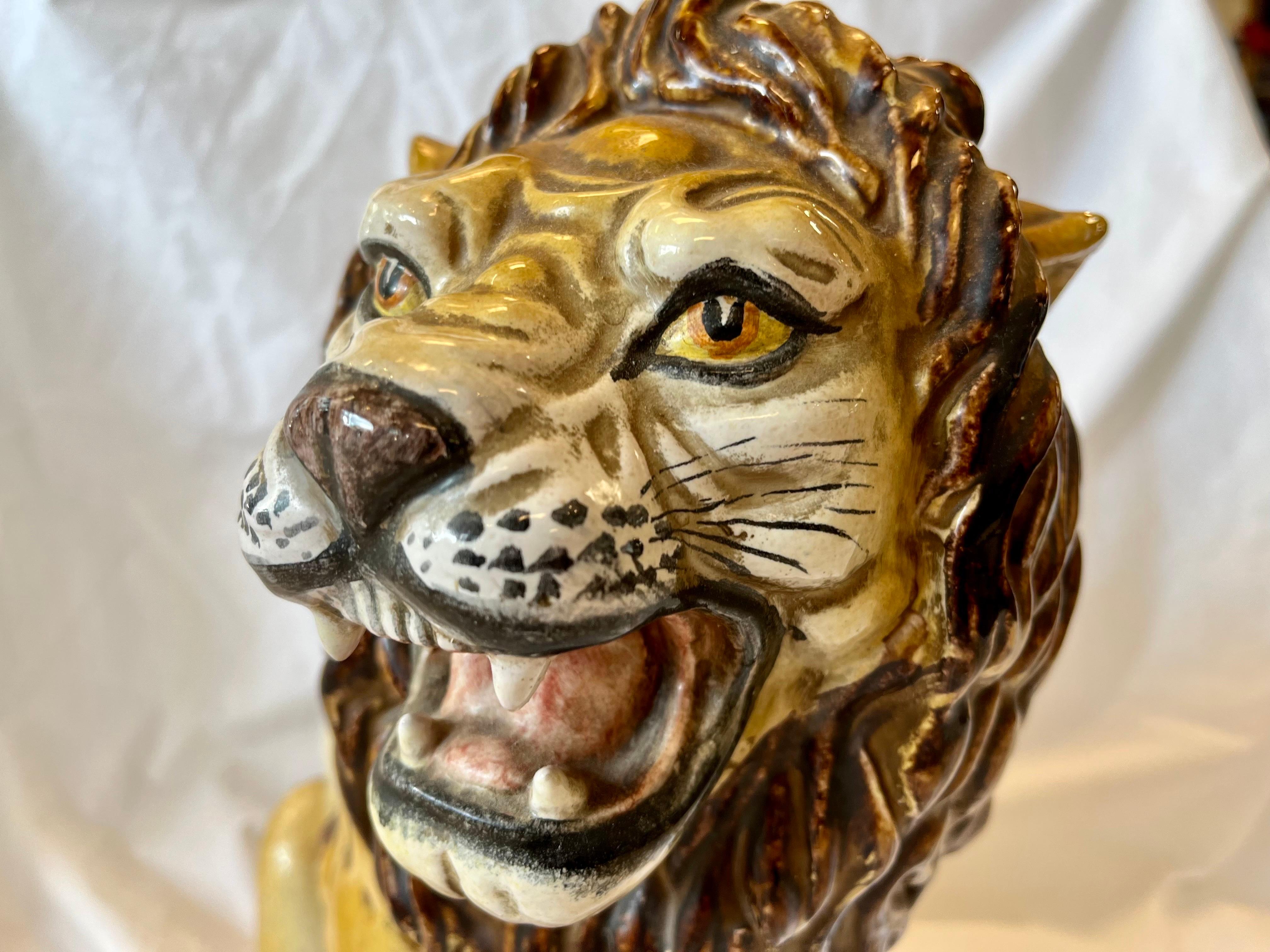 Italian Majolica Midcentury Terracotta Glazed Roaring Seated Lion Sculpture For Sale 4