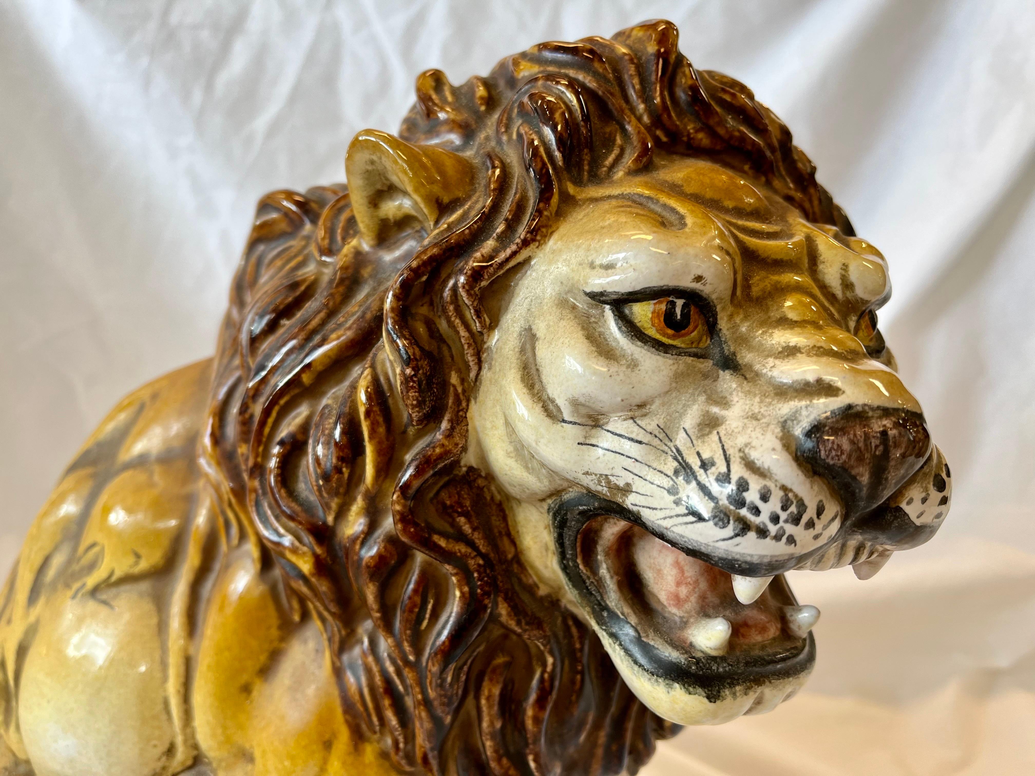 Italian Majolica Midcentury Terracotta Glazed Roaring Seated Lion Sculpture For Sale 3