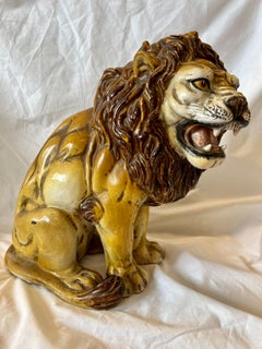 Italian Majolica Midcentury Terracotta Glazed Roaring Seated Lion Sculpture