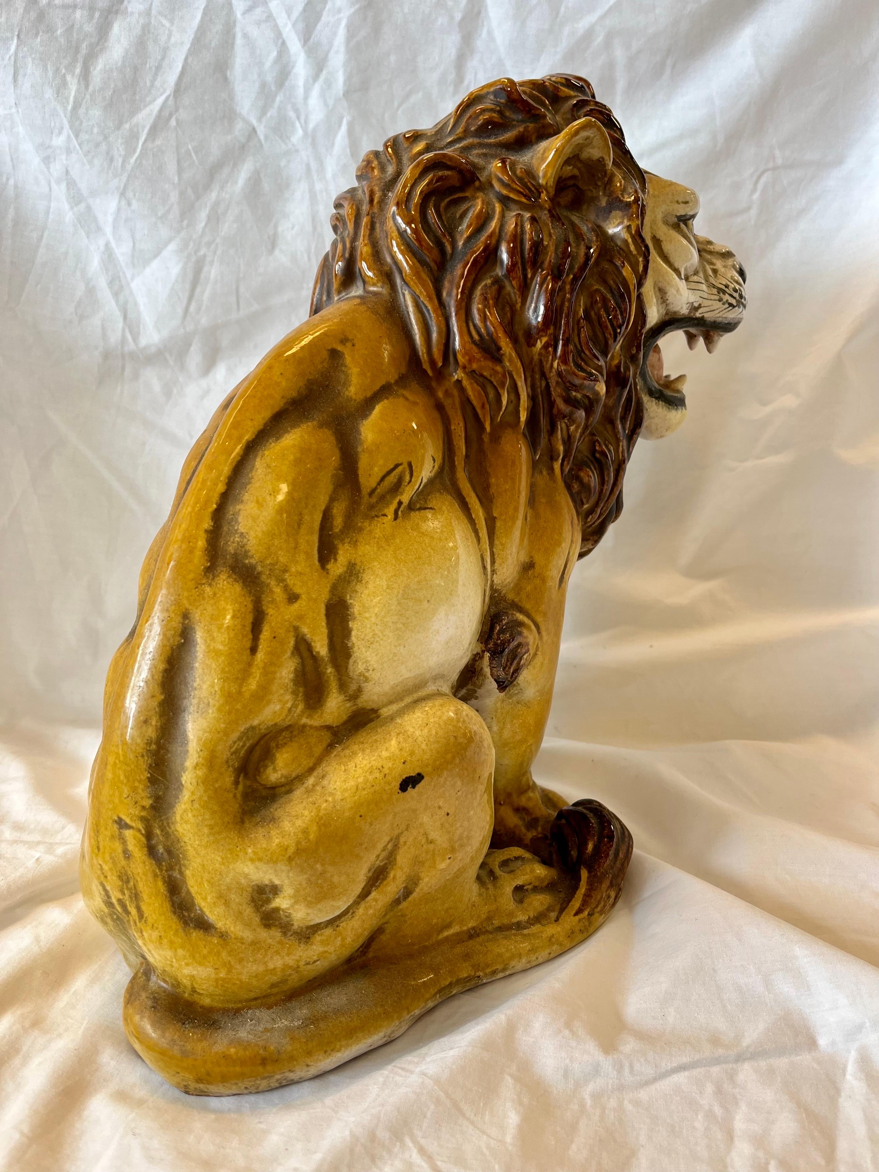 Mid-Century Modern Italian Majolica Midcentury Terracotta Glazed Roaring Seated Lion Sculpture For Sale