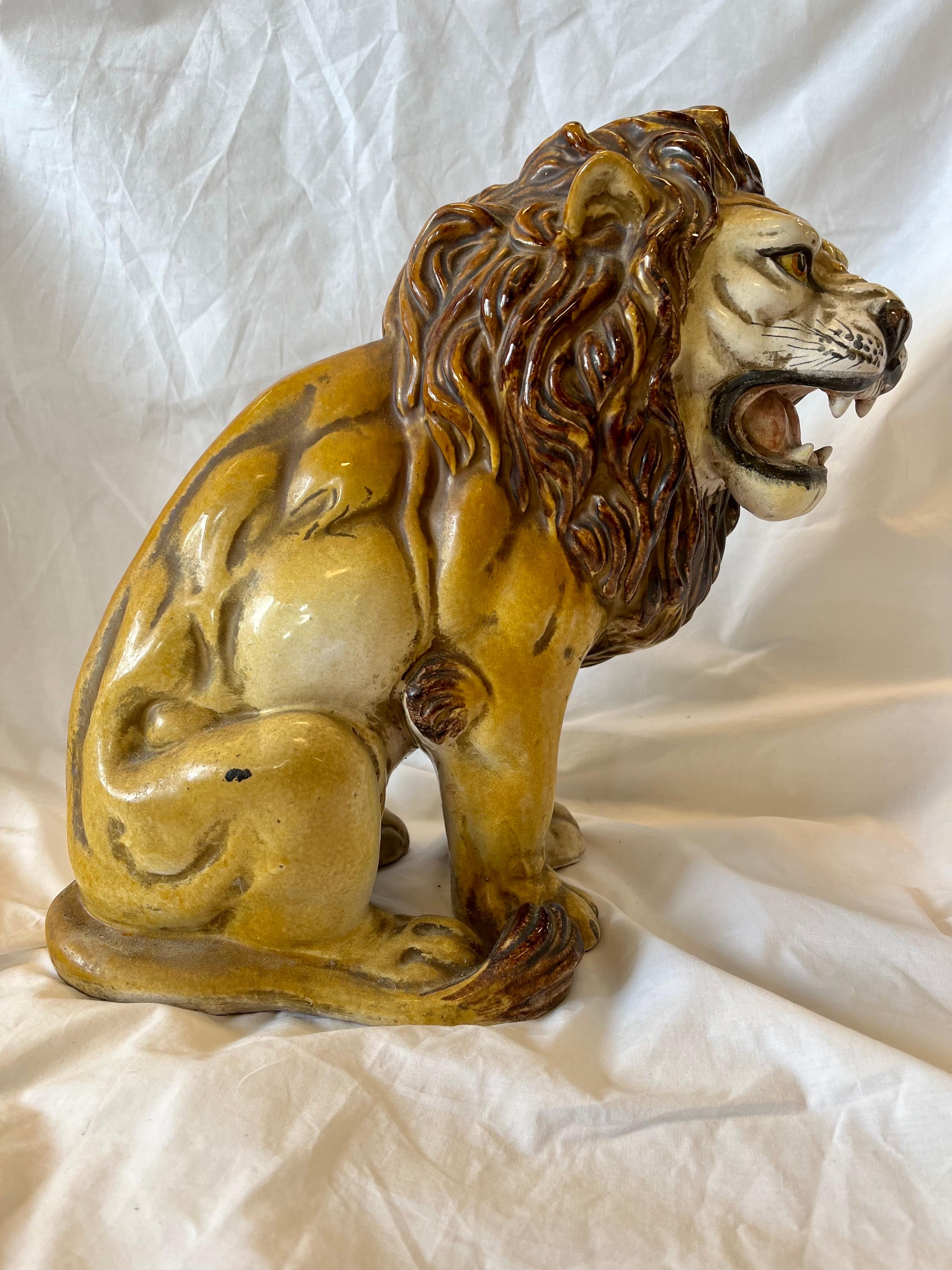Italian Majolica Midcentury Terracotta Glazed Roaring Seated Lion Sculpture In Good Condition For Sale In Atlanta, GA