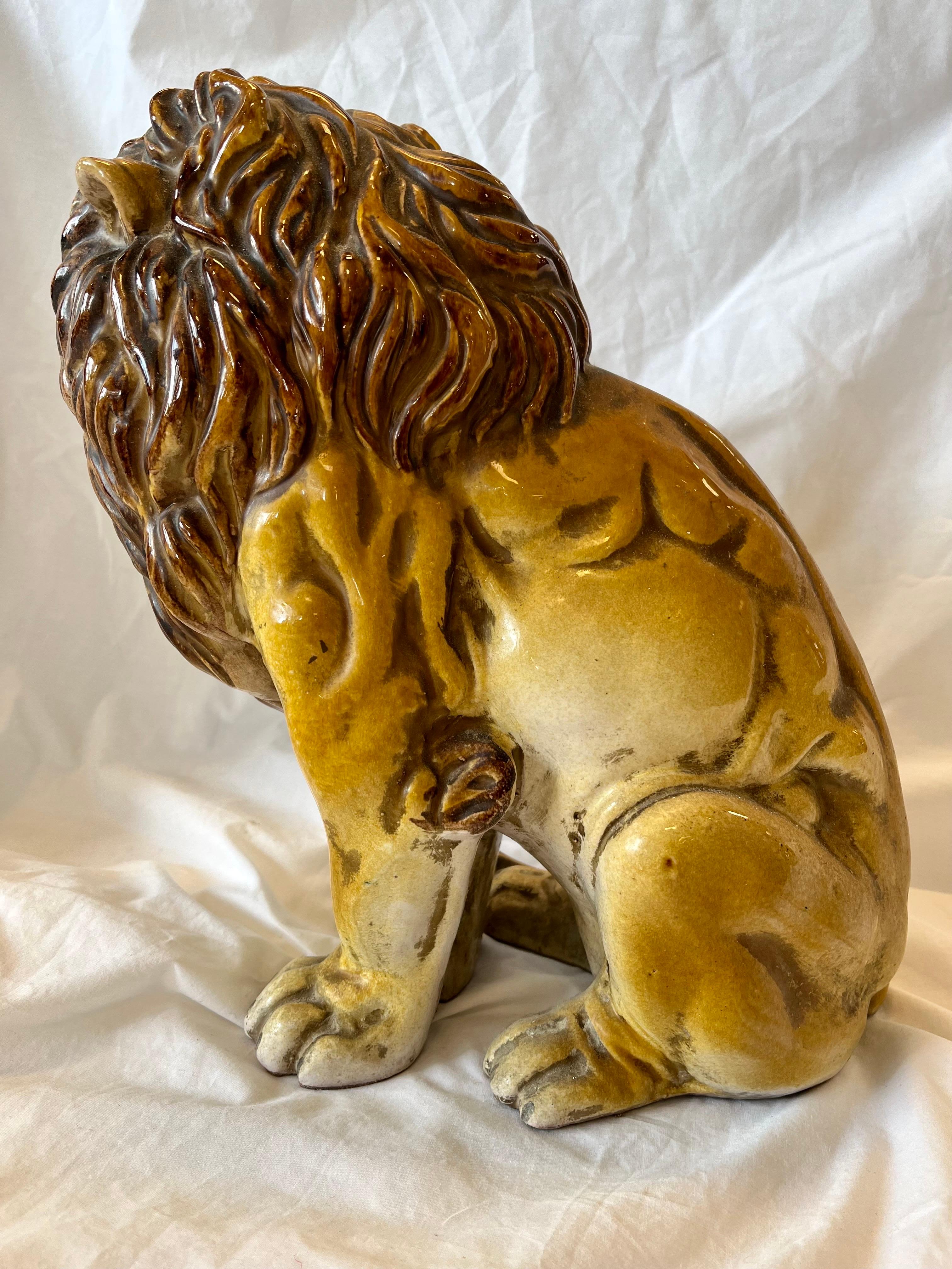 Italian Majolica Midcentury Terracotta Glazed Roaring Seated Lion Sculpture In Good Condition For Sale In Atlanta, GA